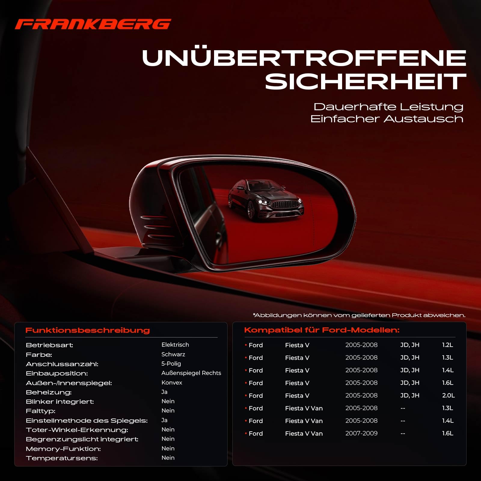 Frankberg Specchietto retrovisore esterno elettrico destro 5 Poli 1444260 | Riscaldato; Compatibile con: Fiesta V Van, Fiesta V JD JH