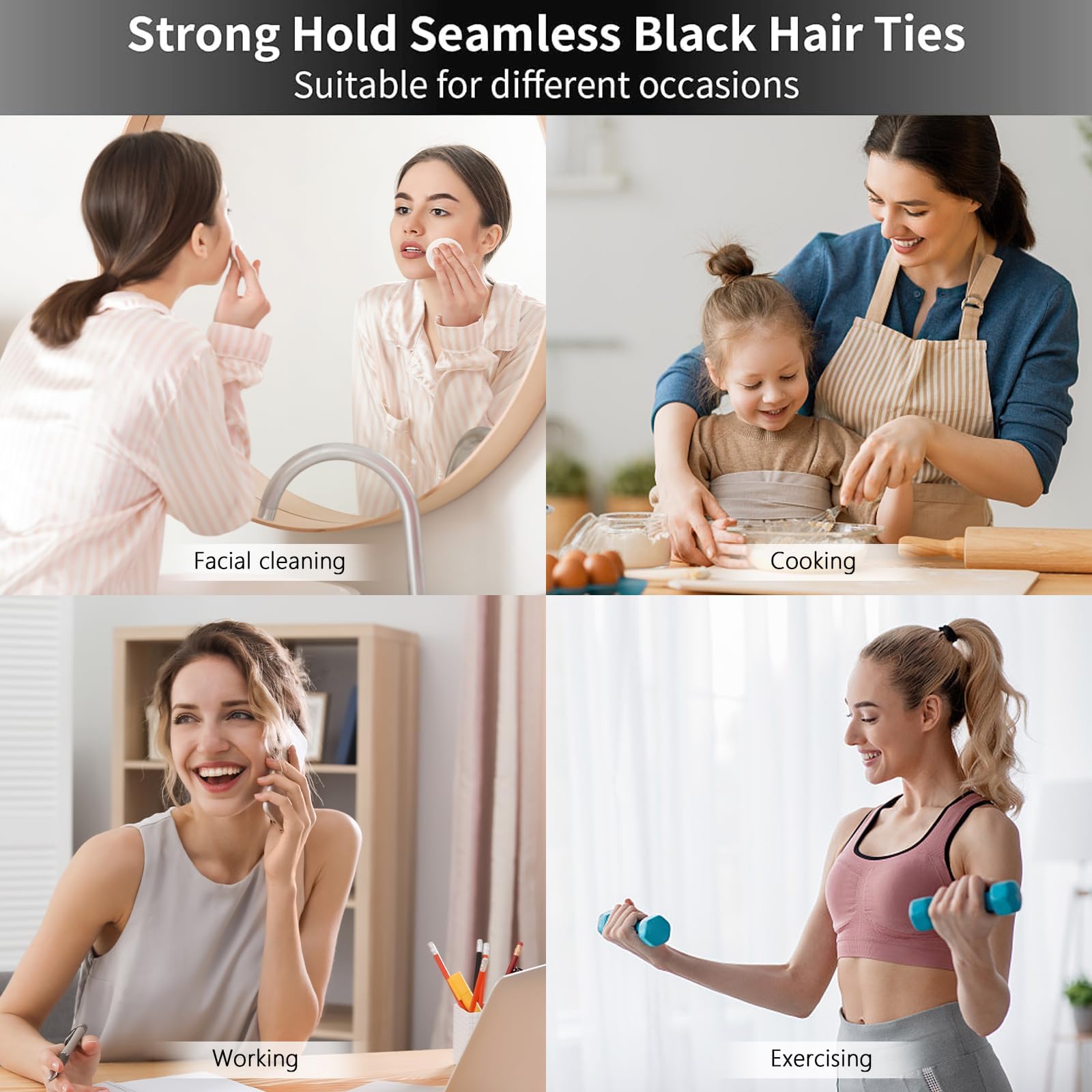 100 bandas elásticas negras para el pelo, de algodón sin costuras, banda de pelo negro grueso, lazos para el cabello elásticos, sin daños y soporte para cola de caballo