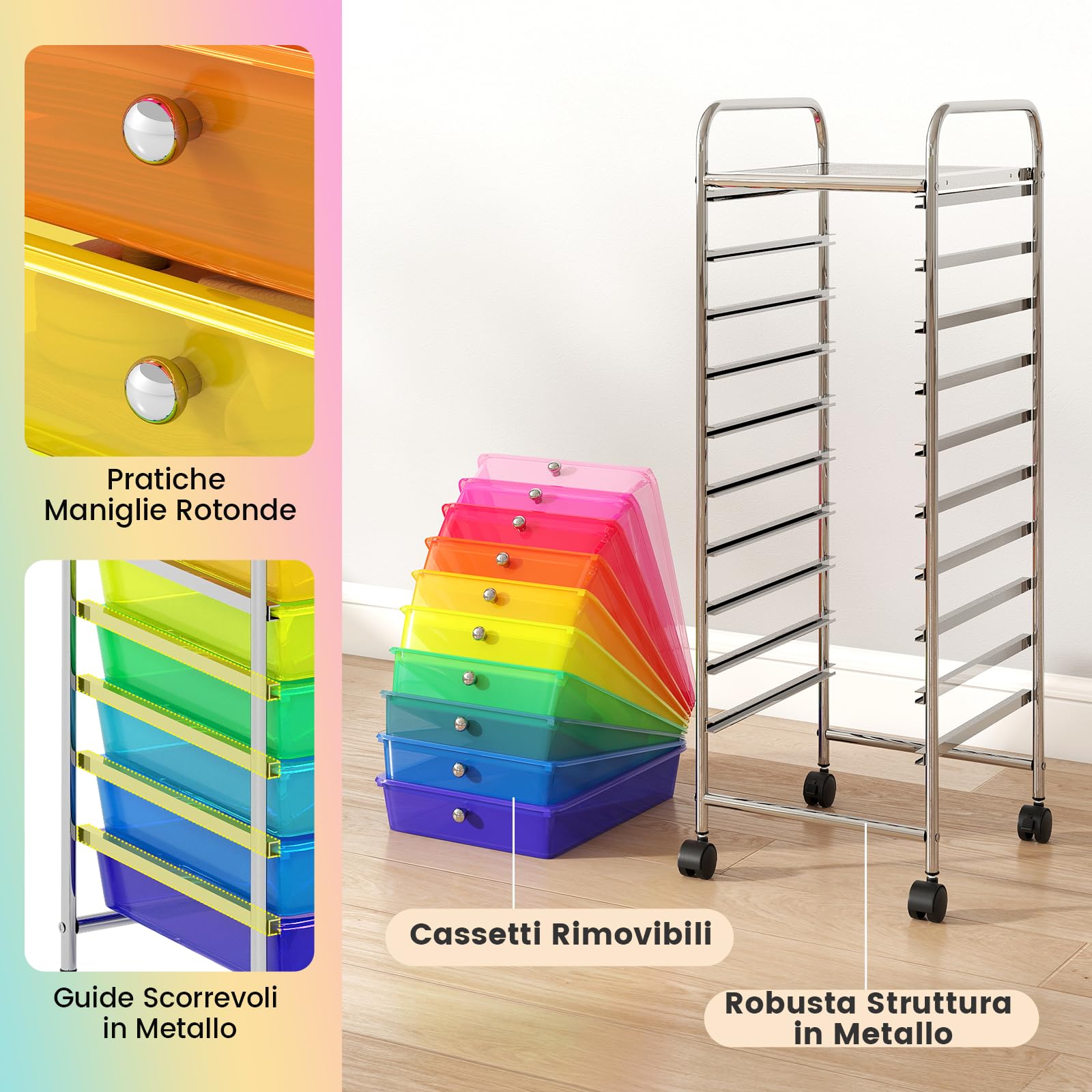 COSTWAY Carrello Portaoggetti con 10 Cassetti, Cassettiera con Ruote, Struttura in Metallo, Ruote Universali Bloccabili e Maniglia, Carrello Organizer per Casa, Ufficio (39 x 32 x 97 cm)