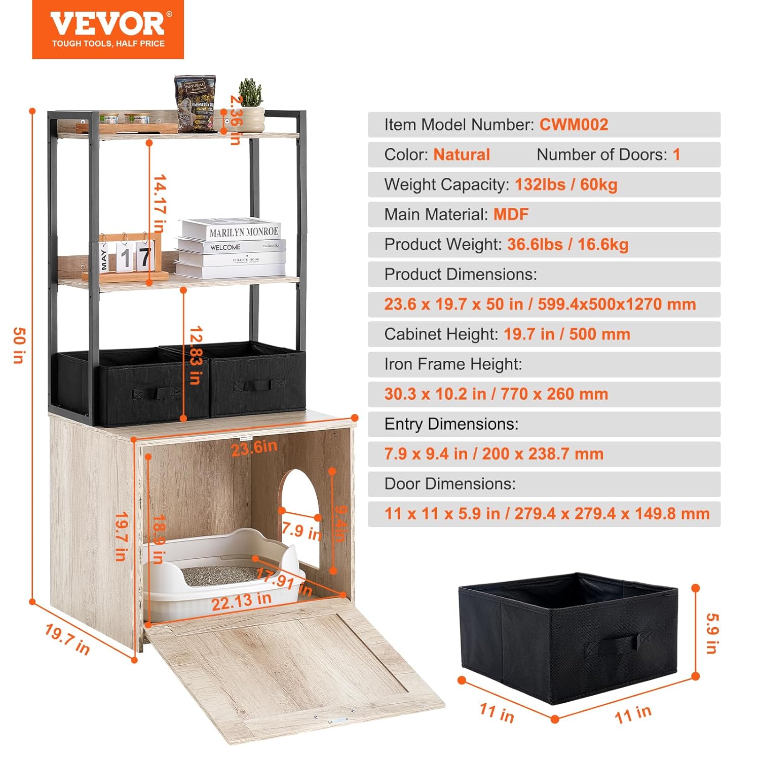 VEVOR Cat Litter Box Enclosure, Hidden Litter Box Furniture with 2 Storage Shelves & 2 Baskets, Wooden Cat Washroom Indoor, Cat House Cabinet Fit Most of Litter Box, 23.6"L x 19.7"W x 50"H, Natural 9 71 nTbuBZ+L. SL1500