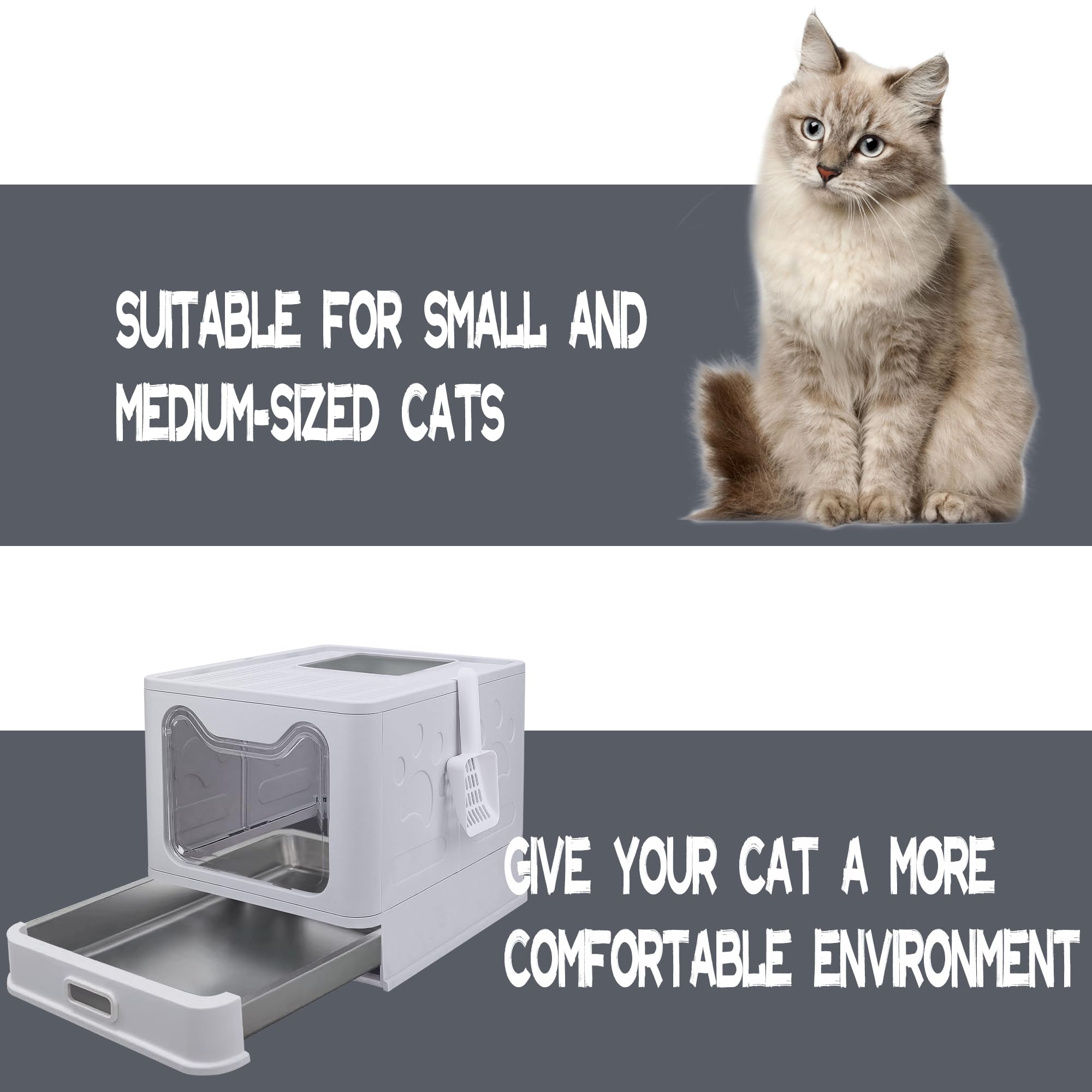 Stainless Steel Foldable Litter Box with Lid,Enclosed Cat Litter Box,Front Entry Top Exit Kitty Litter Box,Large Litter Box with Cat Litter Scoop, for Small to Large Sized Cats(Gray) - image 5