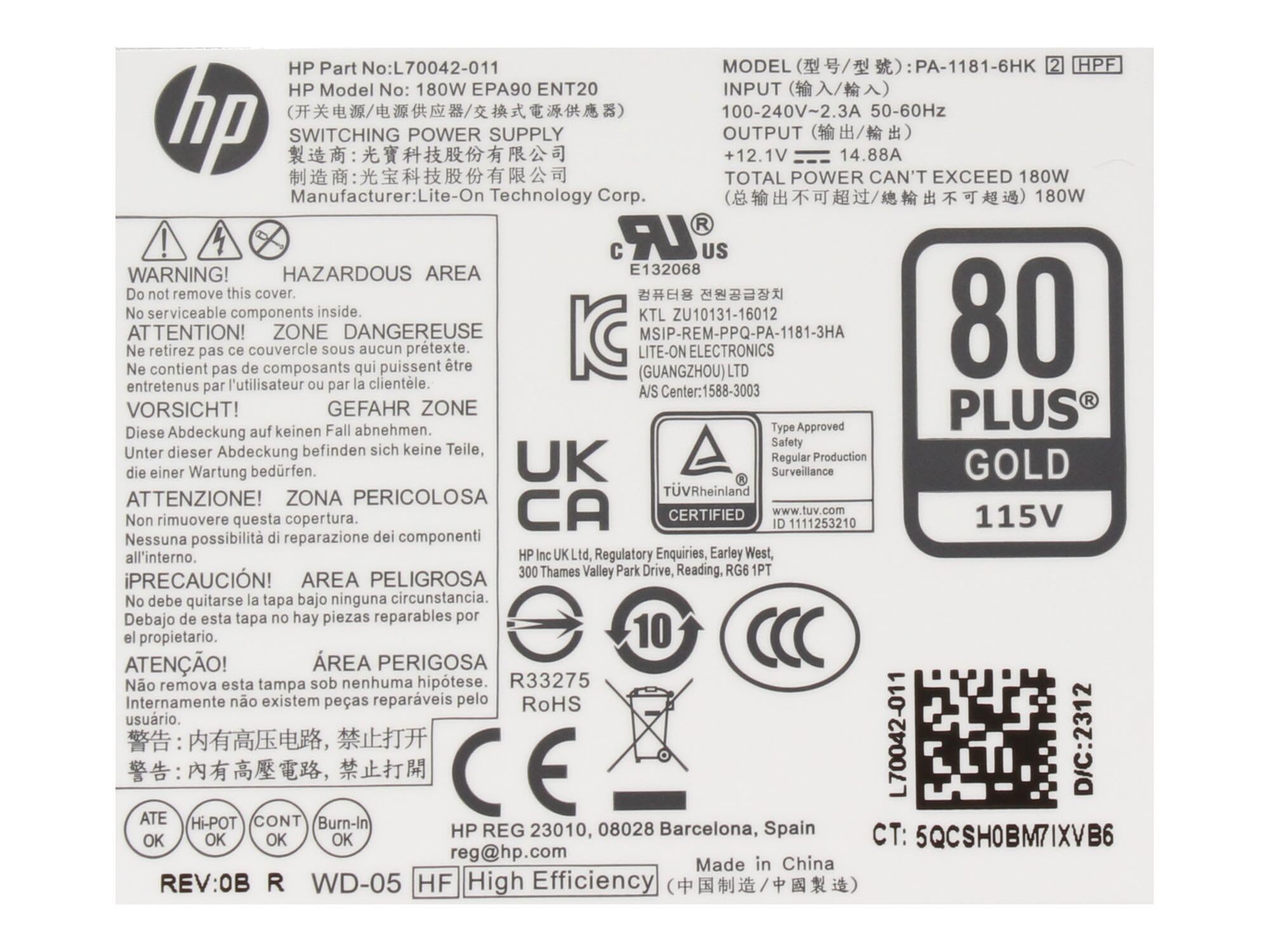 HP L70042-002 Originale Desktop-PC Alimentatore 180 Watt 4-Pin | per 280 G3