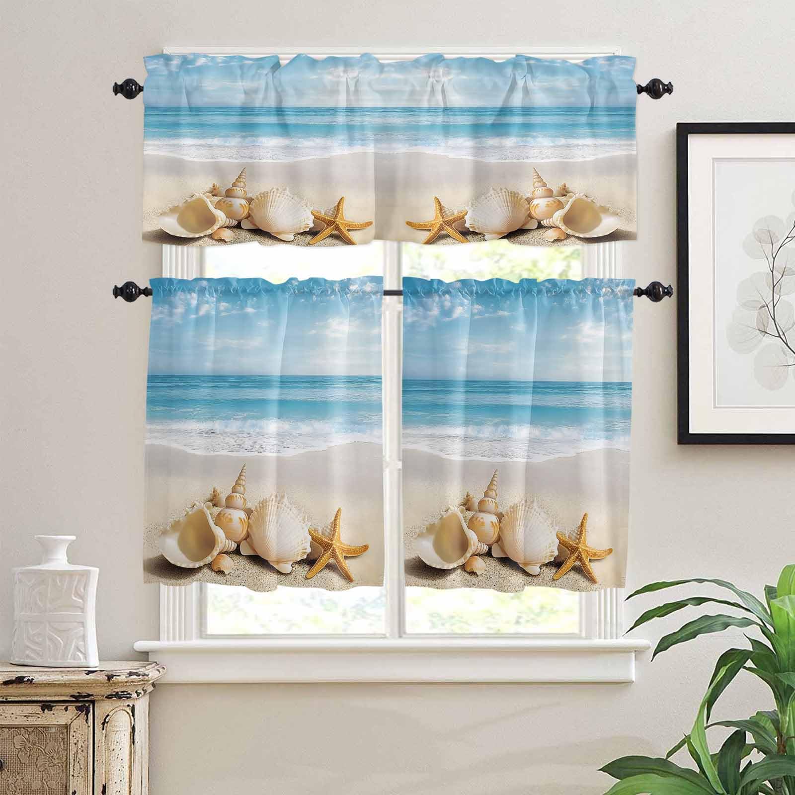 Coastal Seashells Kitchen Curtains 24 Inch Length,3 Piece Rod Pocket Small Half Tiers and Valance Set,Beach Ocean Nautical Starfish Conch Small Large Window Treatment Decor for Bedroom/Bathroom Sink