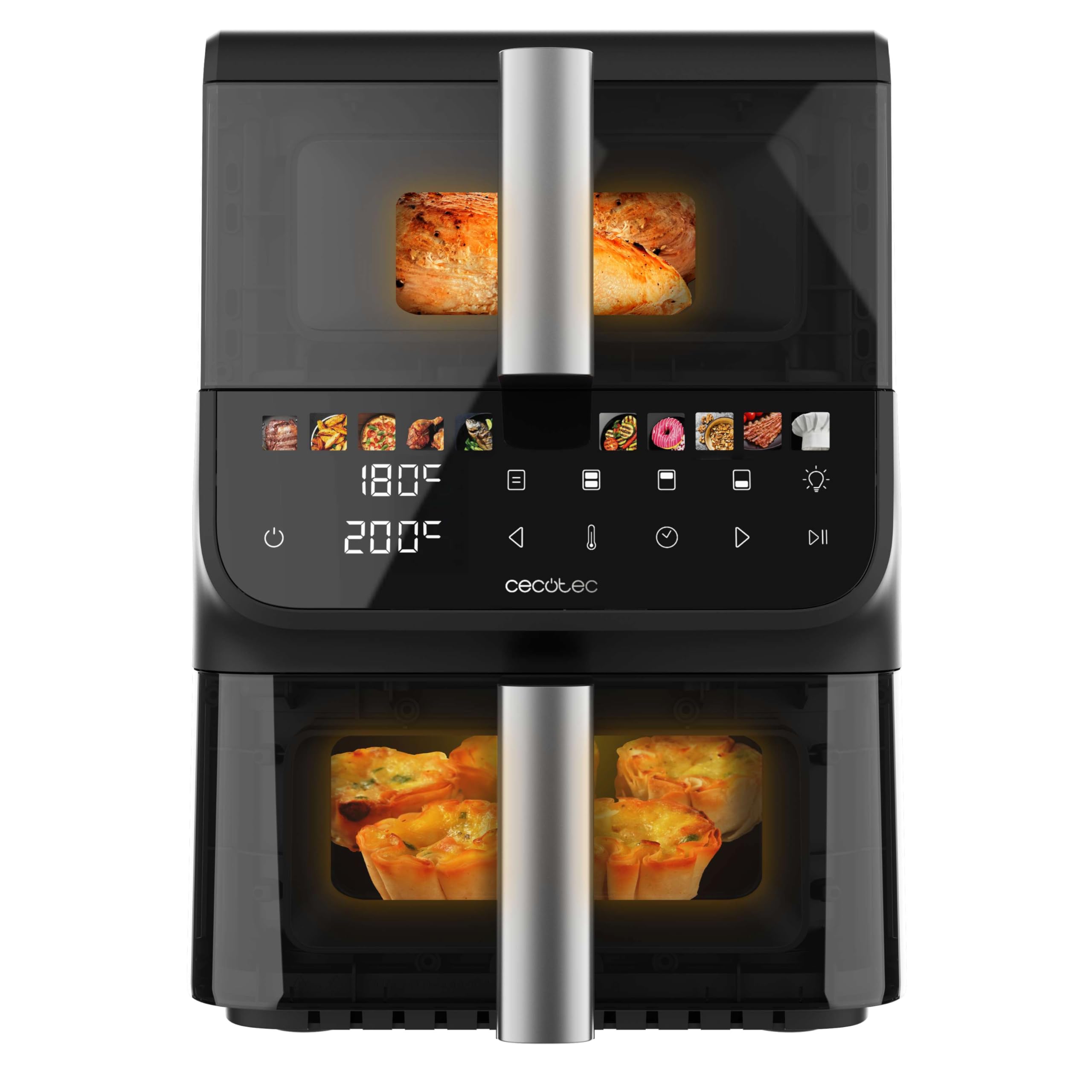 Cecotec Air Fryer 10 l Cecofry DuoLevel 10000 DuoSize Window. 2000 W, vertikales Design, 2 Behälter mit 3,5 l und 6,5 l, Sync, 10 Menüs, Temperatur 80 – 200 ºC, Fenster, Touchscreen