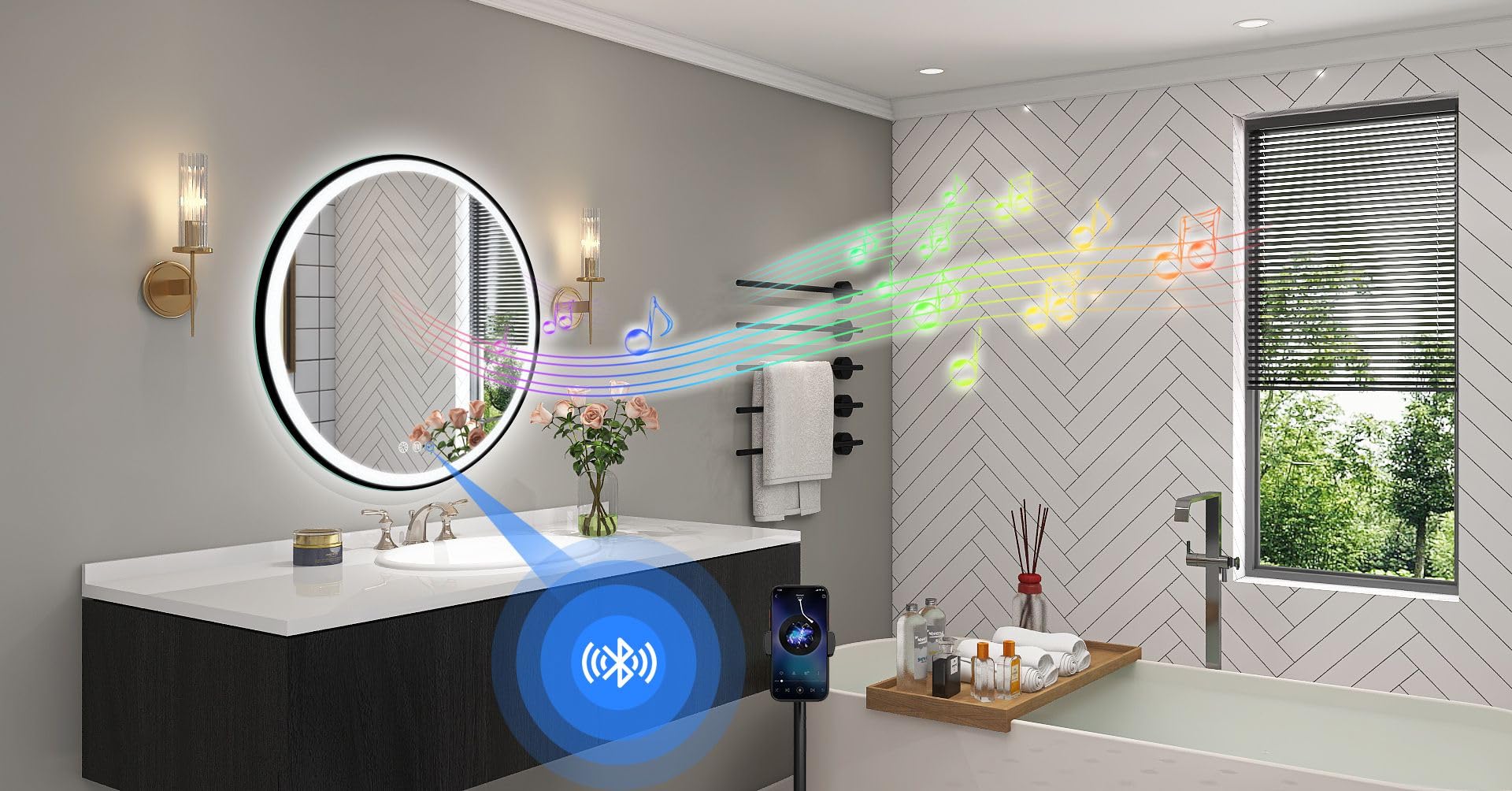 STARLEAD Specchio-Rotondo-Bagno-con-Luce 80cm Diametro, Specchio-Bagno-LED con Dimmerabile, 3 Temperature Colore, Disappannamento, Bluetooth, Memoria Luce, Vetro Temperato Specchiera-Bagno IP44, Nero