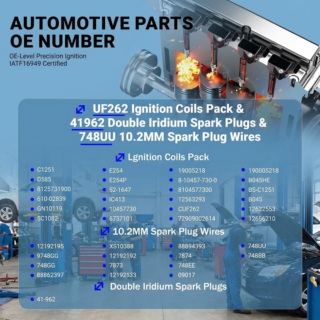 UF262 Ignition Coils Pack & 41962 Double Iridium Spark Plugs & 10.2MM Spark Plug Wires for Chevy Avalanche Express Tahoe Silverado Suburban 4.8 5.3 6.0L/GMC Savana Sierra Yukon/HUMMER H2 OEM# D585