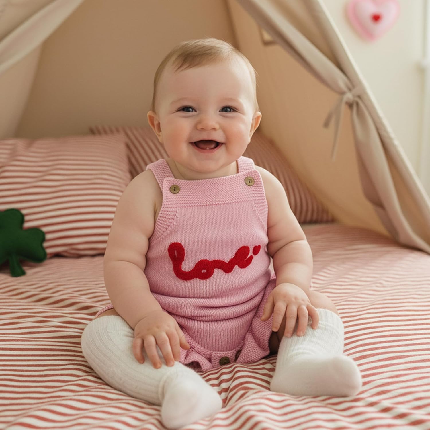 Newborn Baby Girl Valentines Day Outfit Love Embroidery Knit Ruffle Bubble Romper Knitted Sweater Overalls Bodysuit - Image 2