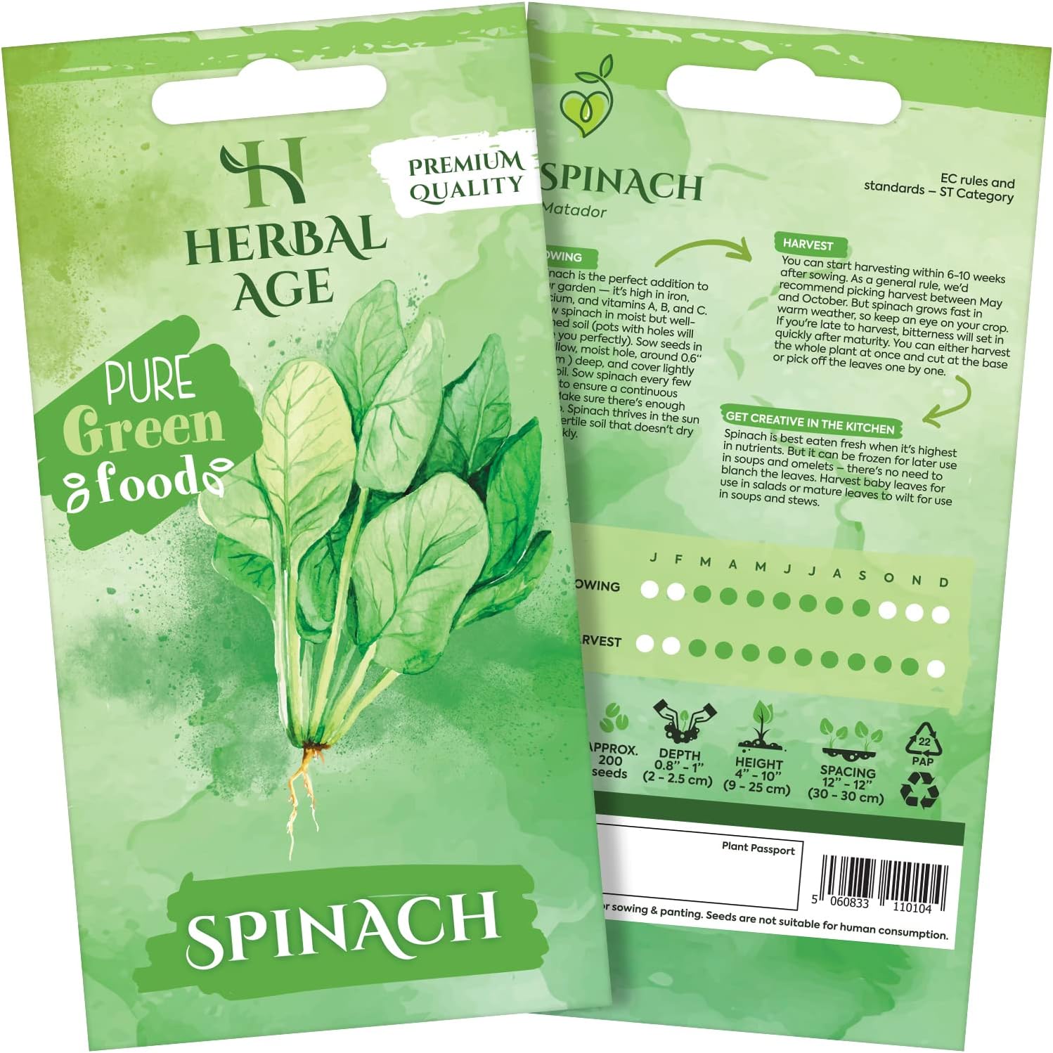 HERBAL AGE Spinach Seeds Plants, Grow Your Own Herb Garden Kit, ~200 Seed Box, Salad Herbs Seeds for Planting UK, Veg Plant Gardening Gift for Men & Women, Seeds to Plant Outdoor & Indoor
