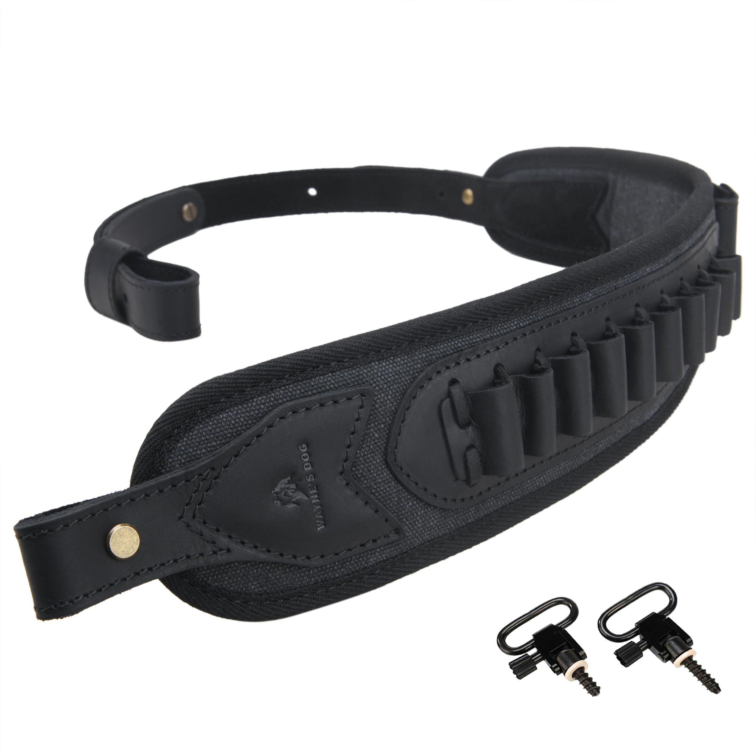 WAYNE'S DOG Canvas Leather Rifle Shell Holder Sling for 30-30 for .30-06 .30-30 .45-70 .308cal 12GA (Black with Swivels, .357 .30-30 .38 .35)