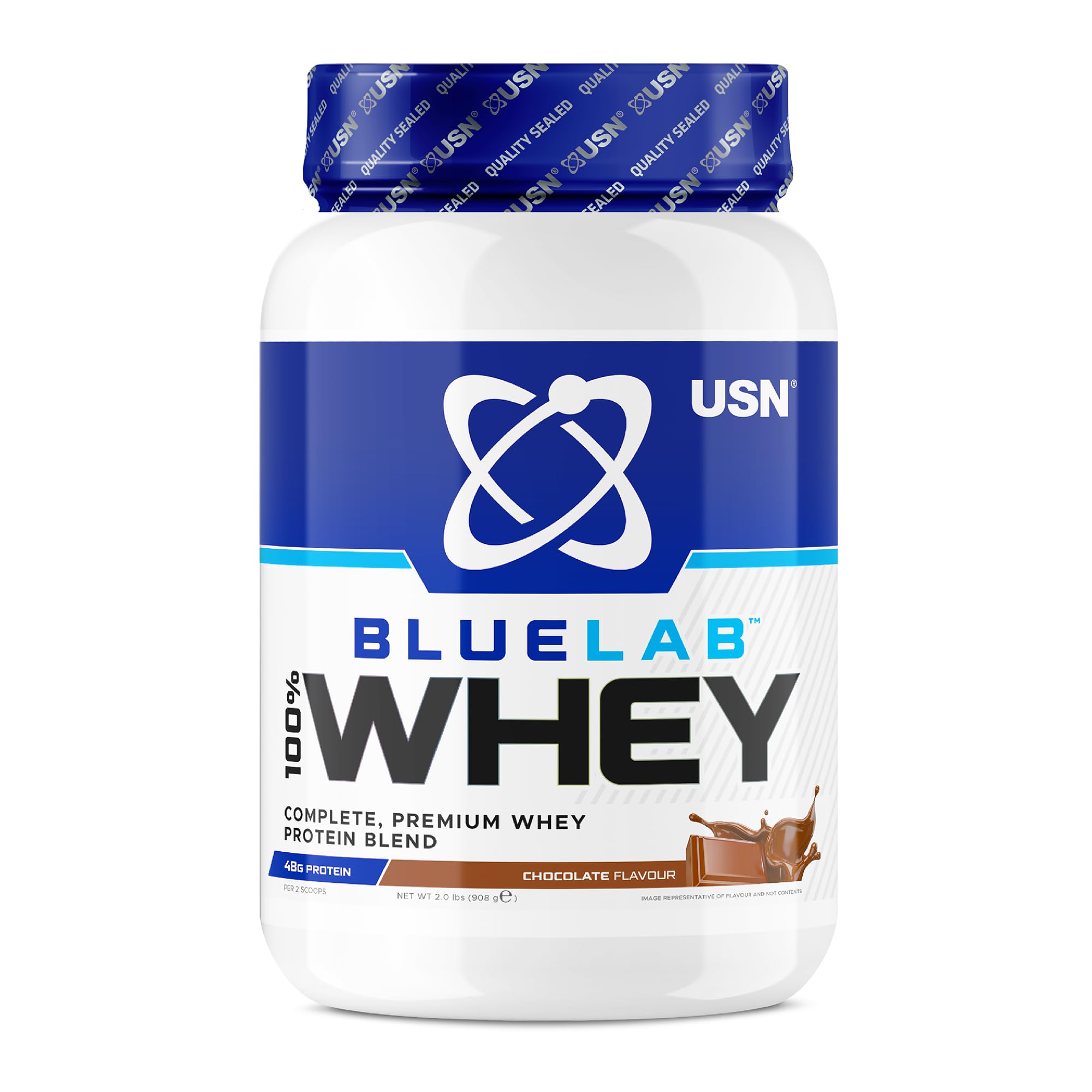 USN Blue Lab Whey Chocolate 908 gms, Premium Whey Protein Powder, Scientifically-formulated, High Protein Post-Workout Powder Supplement with Added BCAAs