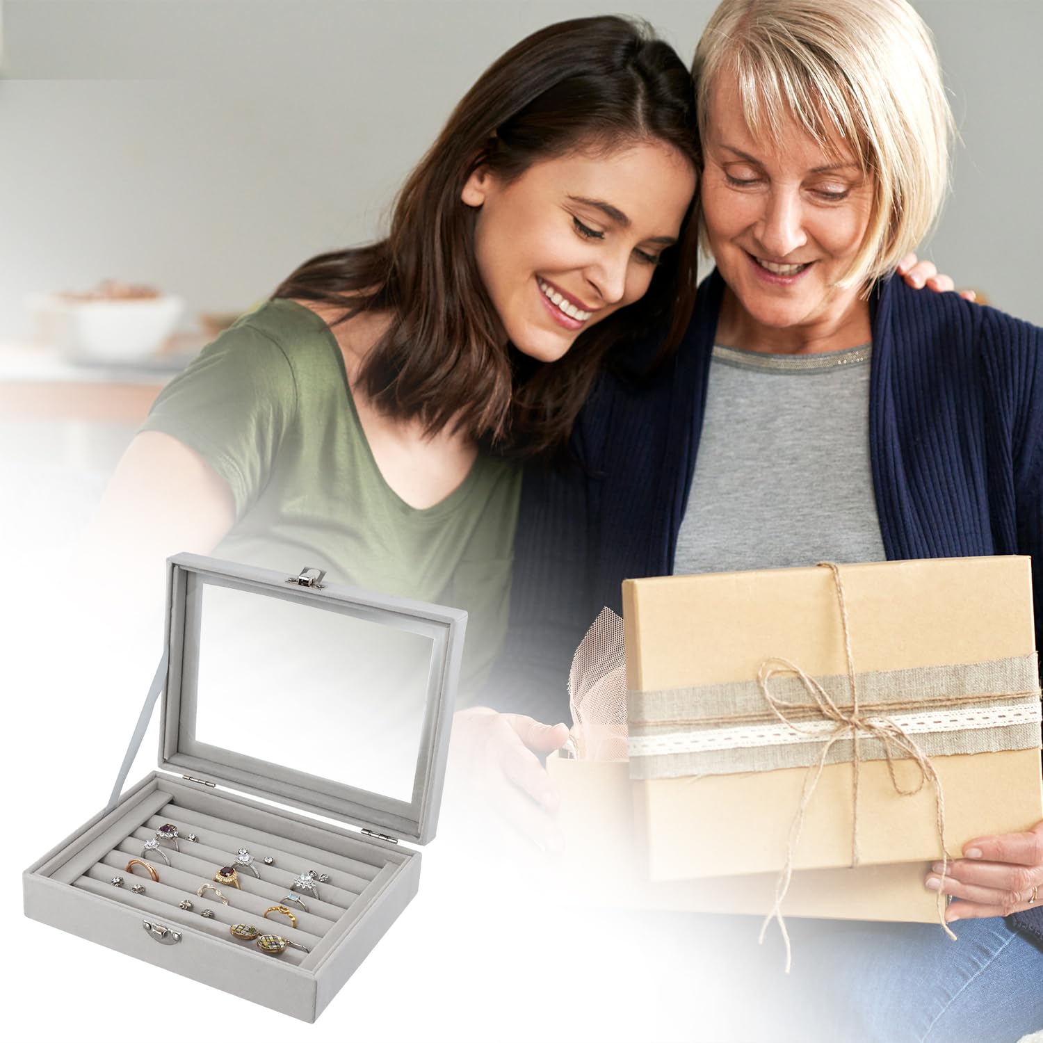 QWORK® Joyero de Terciopelo con Tapa Transparente, Organizador de Anillos 7 Compartimentos