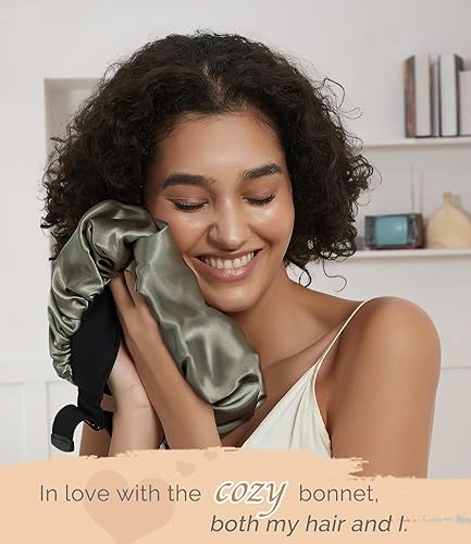 Vista 5 de Hat Hut Gorro de satén de seda para dormir para mujer, gorro de pelo para cabello rizado, banda ancha ajustable, doble capa Azul ceniza