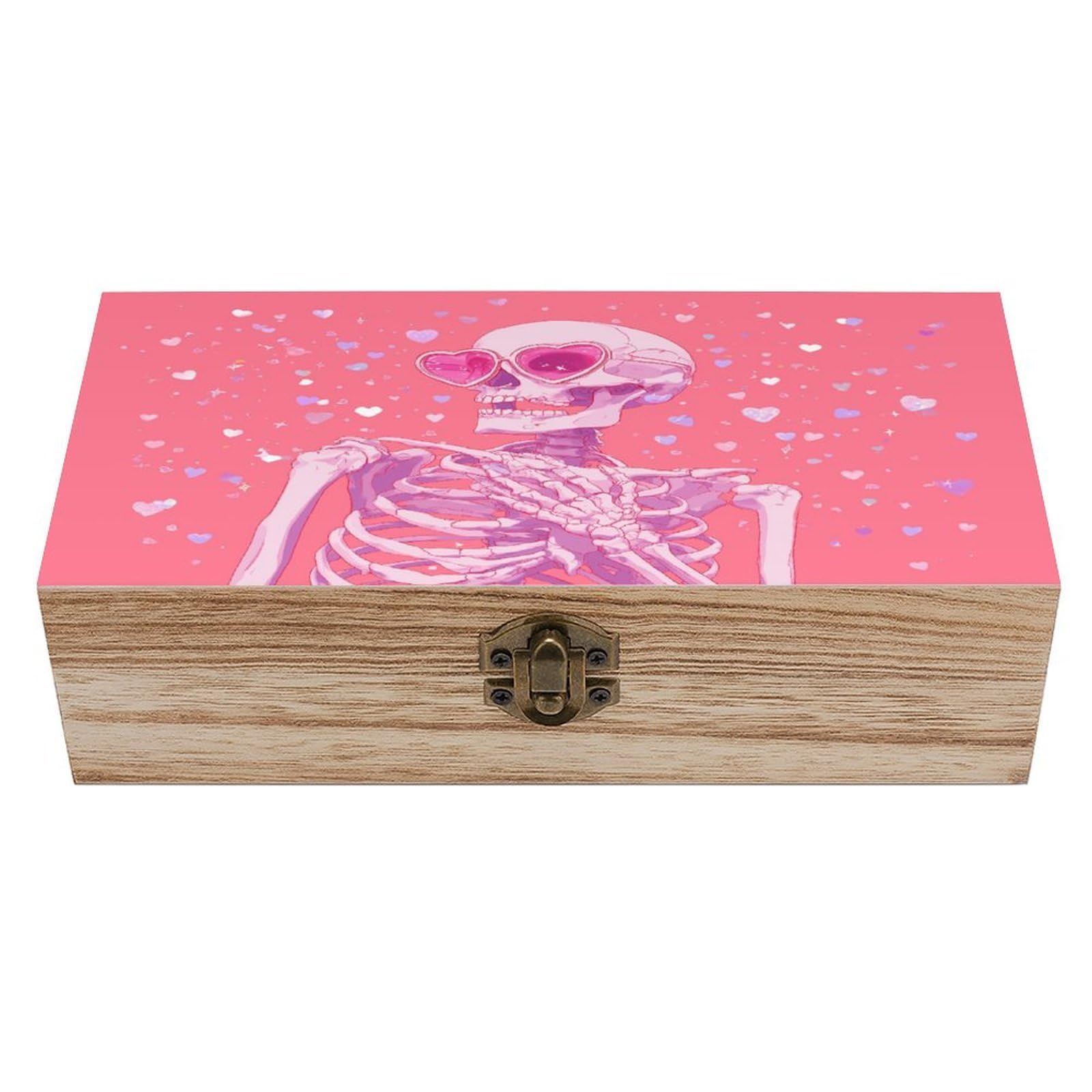 Pink Skeleton in Heart-shaped Sunglasses Wooden Storage Box with Hinged Lid