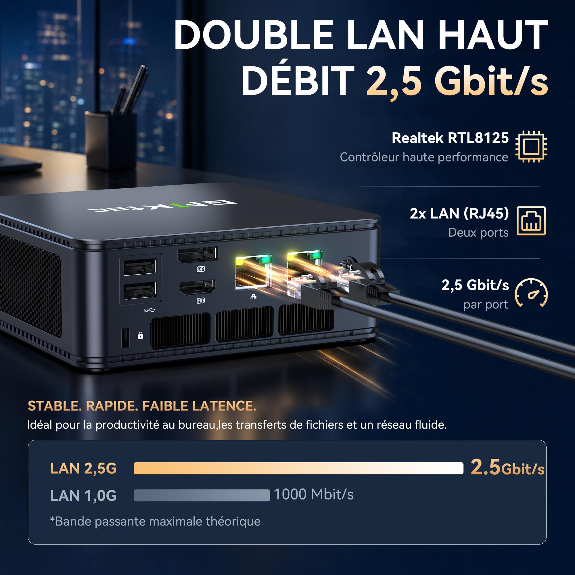 GMKtec Mini PC M5 S, mini PC AMD Ryzen 5400U, 16 Go de RAM DDR4 (double canaux), 512 Go SSD | pour bureau et maison, double LAN 2,5 Gbit/s, WiFi 6E, triple écran, USB‑C, HDMI 2.0, DisplayPort