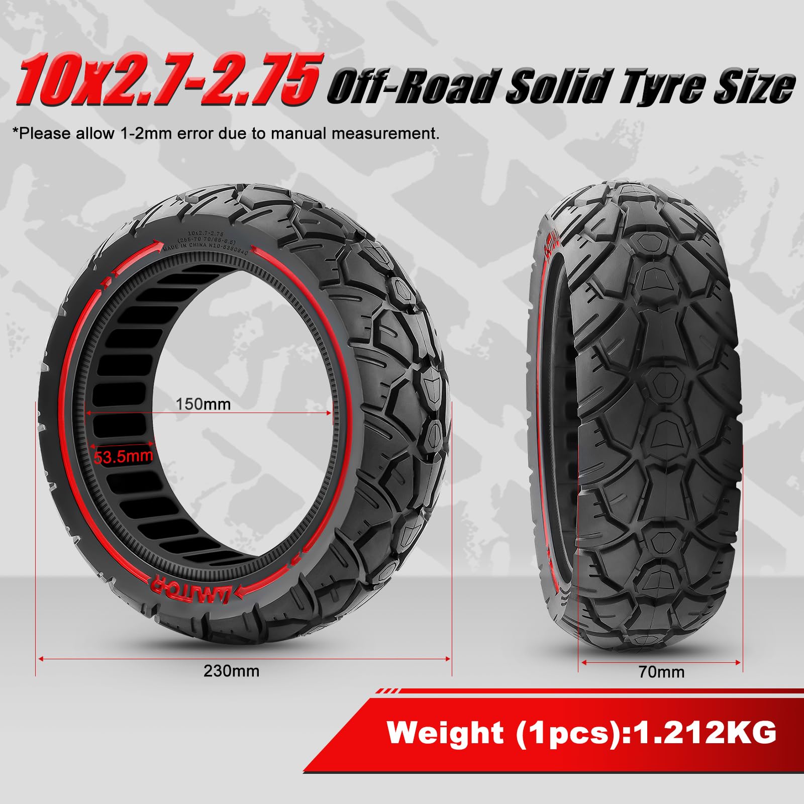 Pneumatici in gomma piena, 10 x 2,70 – 6,5 fuoristrada, 10 x 2,70 – 2,75 – gomma piena, 70/65 – 6,5 – 6,5 mm, pneumatici per scooter E, resistenti alle forature e all'abrasione e senza