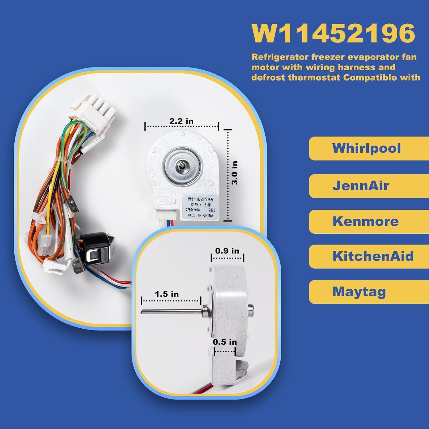 OEM W11452196 Refrigerator Evaporator Fan Motor Compatible with Whirlpool Refrigerator, Replacement Part W11374554 W10728094 W10514110 W10561029 W10466226 WPW10514110 W11032800 AP6987262
