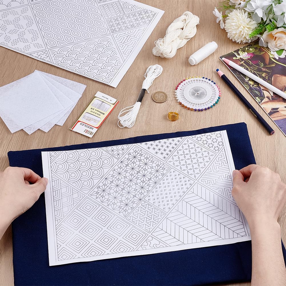 WEBEEDY Sashiko Tea Mat Kit DIY Embroidery Pattern Kit Include Sashiko Templates,Thread,Needles and Fabric for Beginners Japanese Needlework Set Embroidery Lovers Housewarming Gift