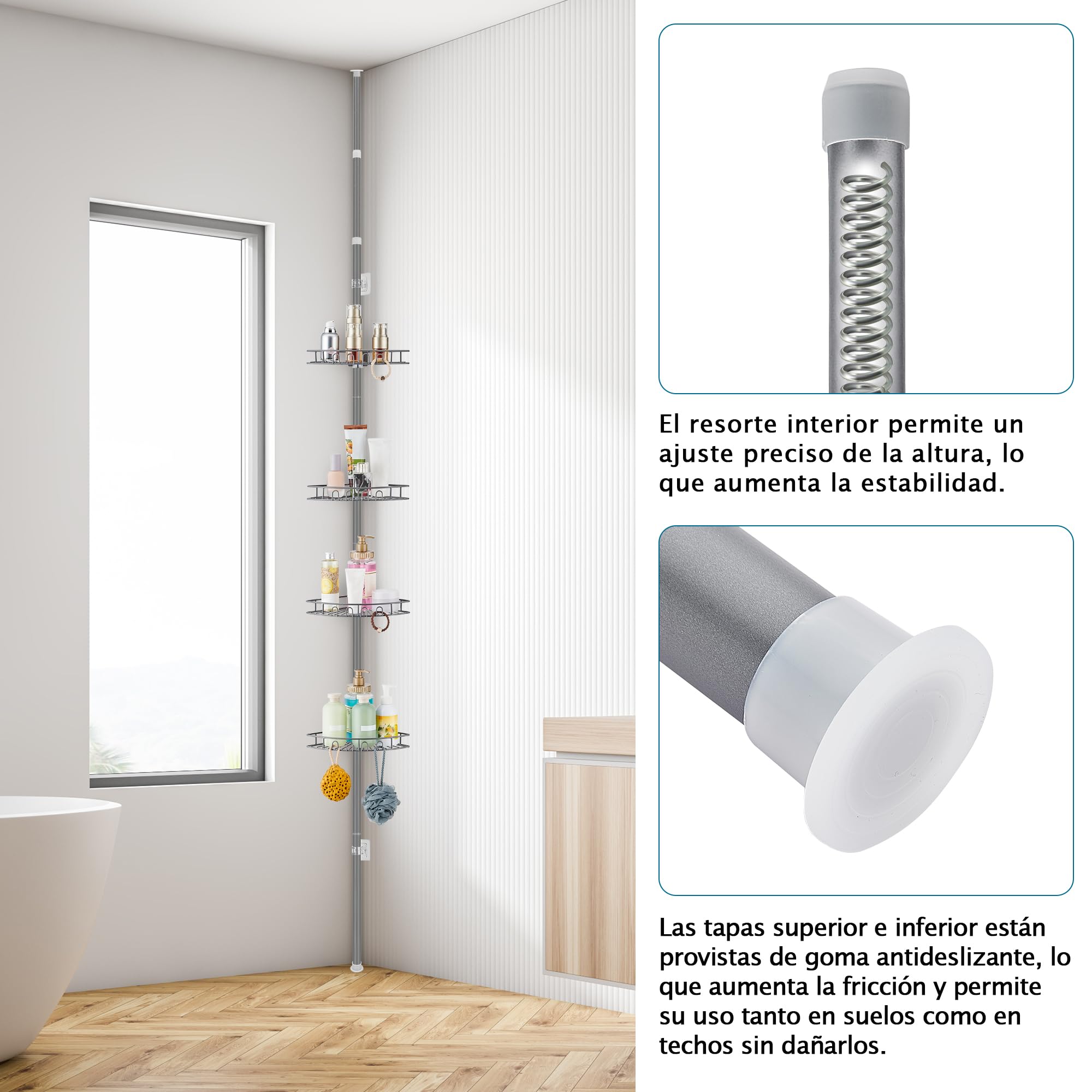 Estanteria Baño Telescopica Estante Ducha Esquina sin Taladro Acero Inoxidable con 4 Bandejas, Ajustable 85-325cm, para Bañera, Cuarto de Baño, Ducha y Cocina, Gris