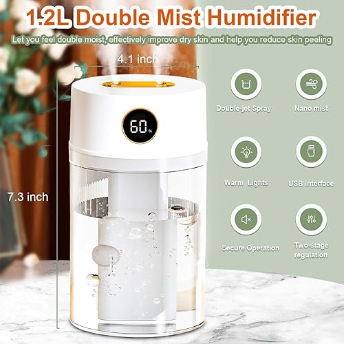 Miniatura 3 de Humidificadores pequeños para dormitorio, humidificadores silenciosos de niebla fría de 1.2 L para el hogar, guardería, plantas de interior, diseño