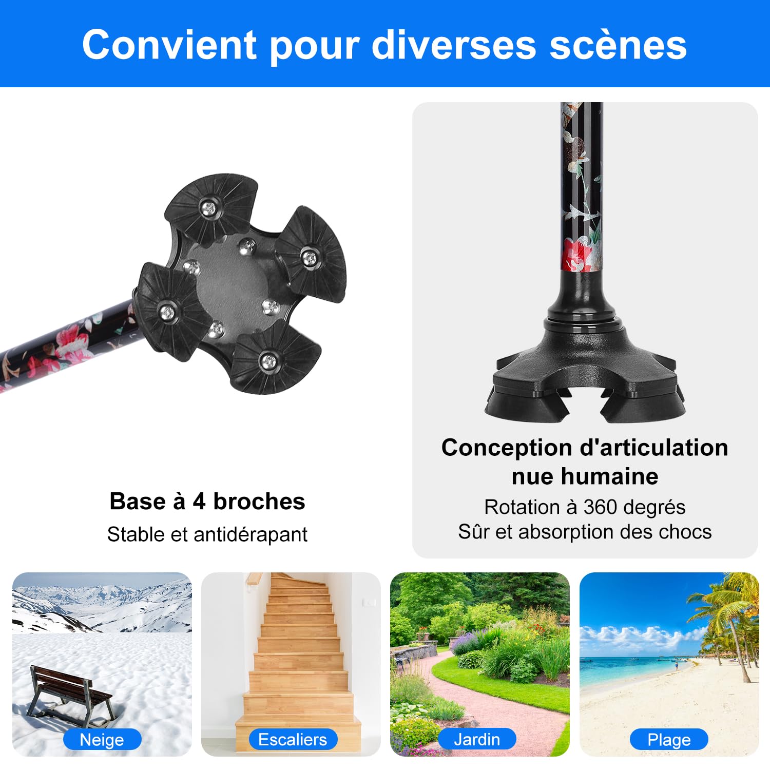 supregear Canne Pliante, Canne Pliante Réglable à 5 Niveaux avec Poignée en T et Dragonne Anti-Perte Antidérapante Autoportante Support en Caoutchouc à 4 Pieds pour Âgé Désactivé Homme Femme