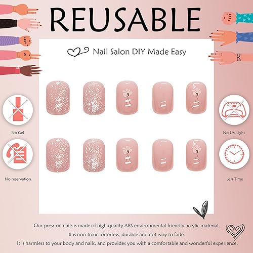 Miniatura 3 de Uñas postizas cortas a presión cuadradas con diseños de purpurina, uñas florales, uñas acrílicas, lindas uñas postizas con pegamento, uñas postizas