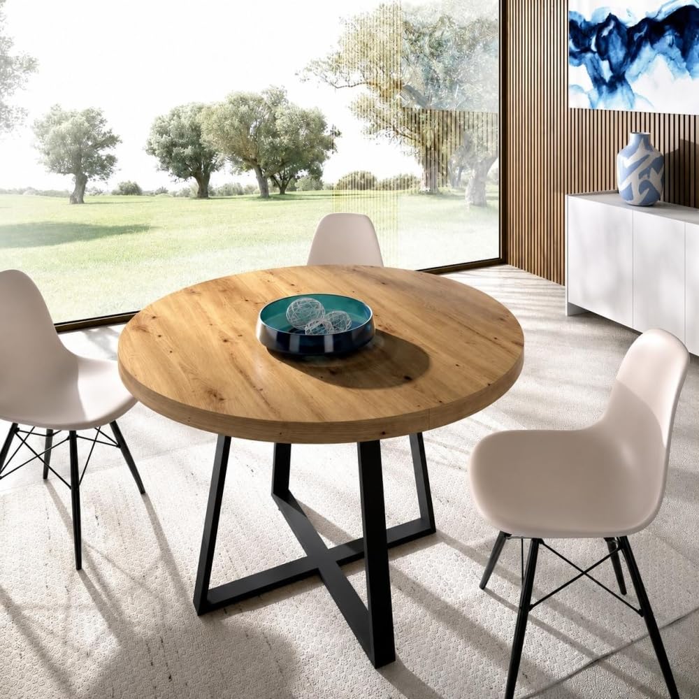 Mesa DE Comedor Redonda Extensible DISEÑO Industrial Edison, Nordic, 110 x 110 x 77 cm, Mesa de Comedor o Cocina Estilo Industrial Extensible