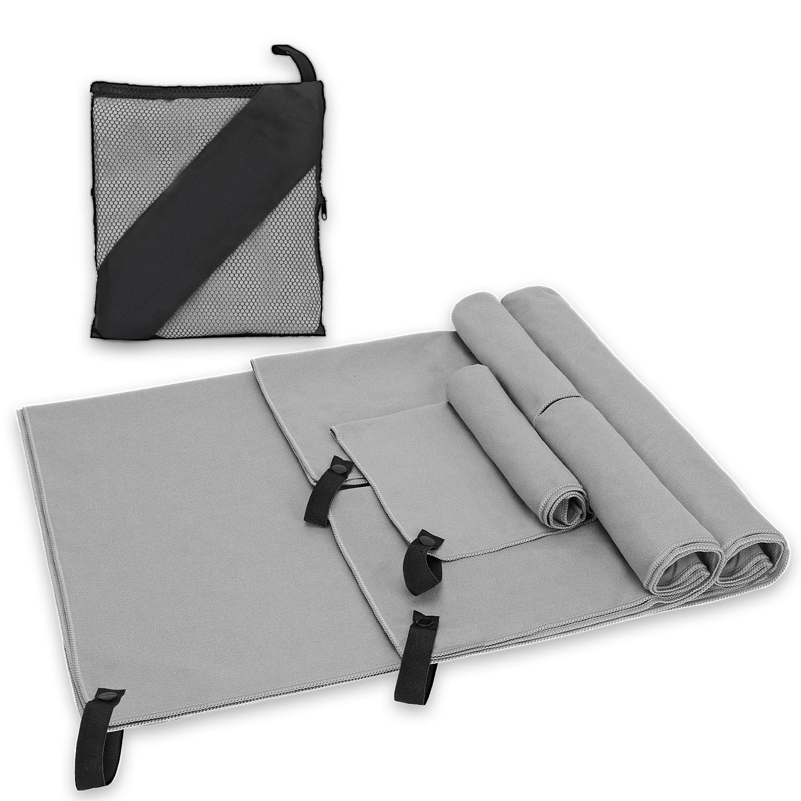 Alyvisun Quick Drying Travel Towels, Super Absorbent Large Gym Towels Set 4 Pack [160x80cm+80x40cm*2+50x30cm], Ultralight Microfibre Towels for Camping Fishing Beach Sports (Gray)