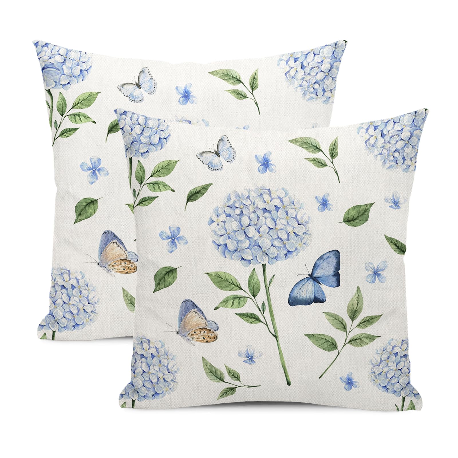 JEFERSO Spring Pillow Covers 20x20 Inch Set of 2, Blue Hydrangea Flower Throw Pillows Spring Summer Decorations Floral Hydrangea Pillowcase Linen Outdoor Decor Farmhouse Cushion Case for Couch Sofa