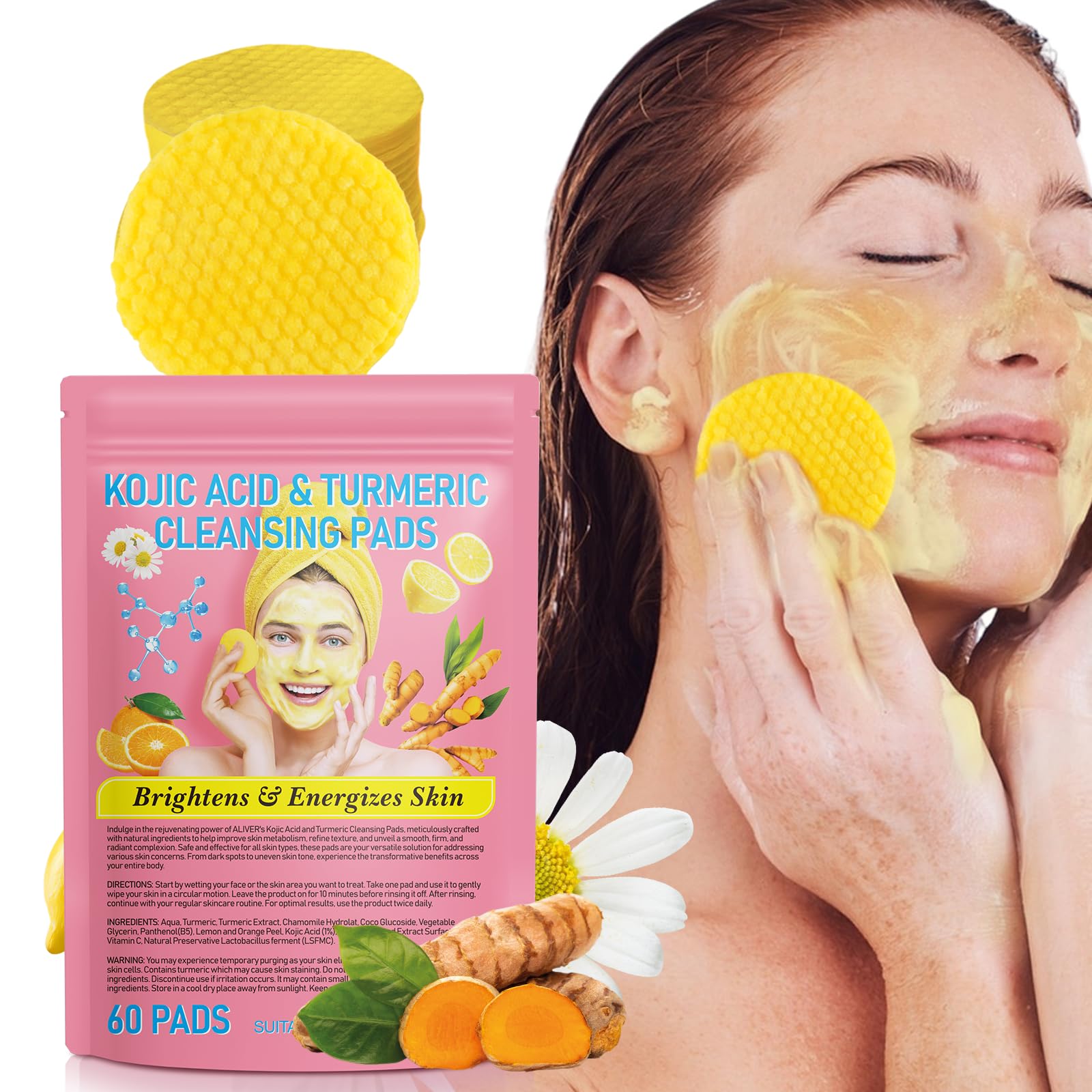 Kojic Acid and Turmeric Pads, 60pcs Turmeric Kojic Acid Cleansing Pads, Facial Sponges for Cleansing, Balance Skin Oil And Water,Gentle & Non-Irritating (60 count (Pack of 1))