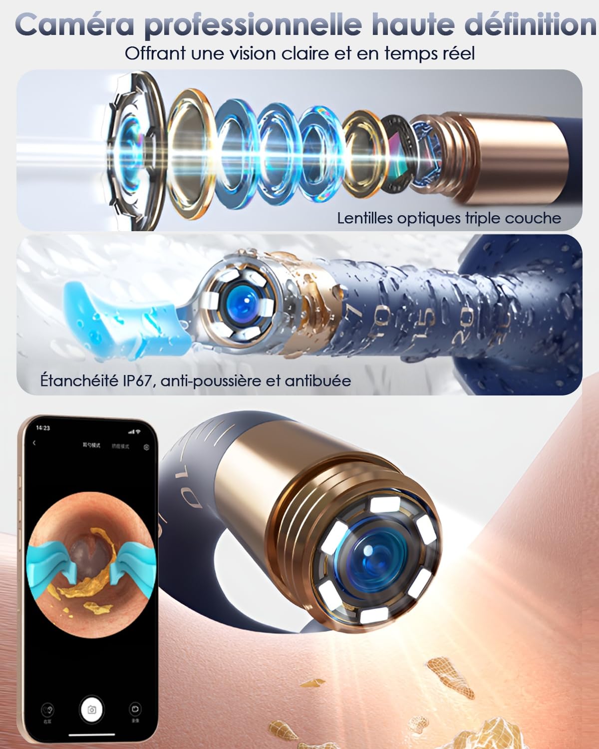 Otoscope Oreille 1080P HD Kit Camera avec 6 Lumières LED, 360° Nettoyage Wi-Fi, Conception étanche IP67, Adapté aux IOS Android