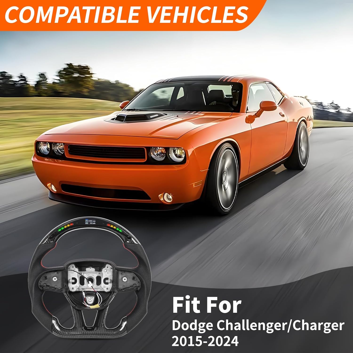 Real Carbon Fiber Steering Wheel, Perforated Leather Grip LED Steering Wheel Fit For Dodge Charger Challenger Durango SRT 2015-2024