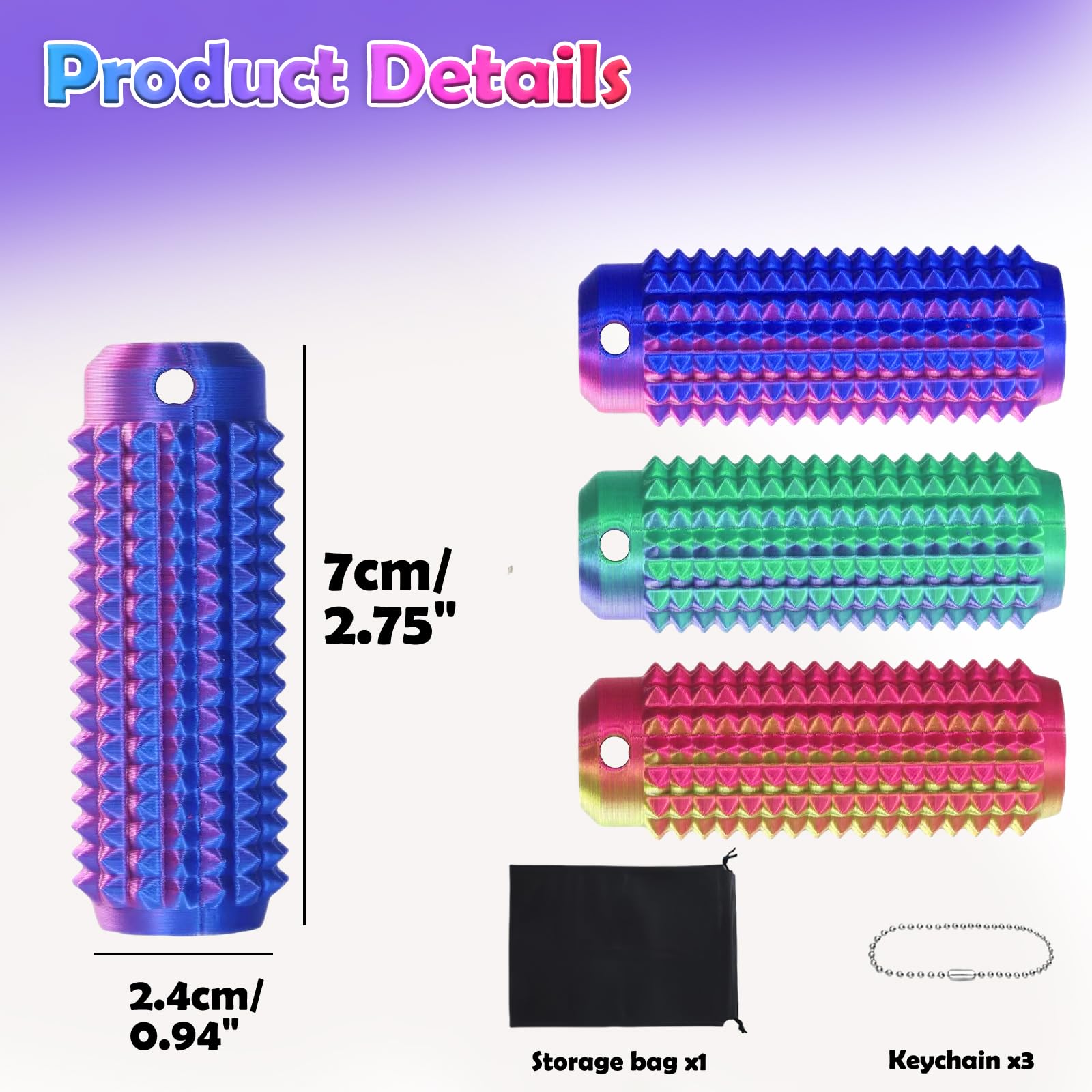 Echehi 3pcs Pain Stim Fidget Keyring, Spiky 3d Printed Fidget Toy, Sensory Fidget Toys for Adults and Child to Relieve Anxiety - Image 2