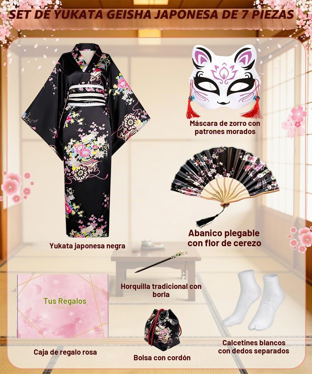Geisha Yukata Japonés, Robe Kimono Mujer con Horquilla, Abanico Plegable y Bolsa, Albornoz Tradicional Japonés para Cosplay y Carnaval