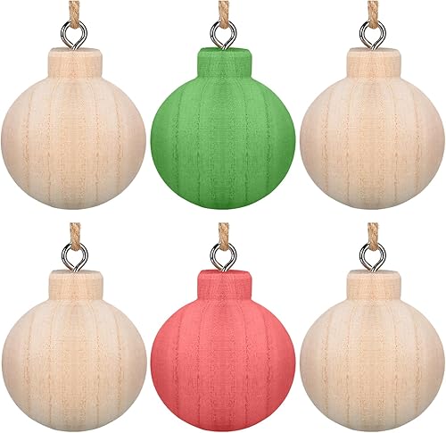 Hiboom 6 bolas de Navidad de madera sin terminar, redondas, naturales, de 2.6 x 2.4 pulgadas, adornos para árboles de Navidad, manualidades,