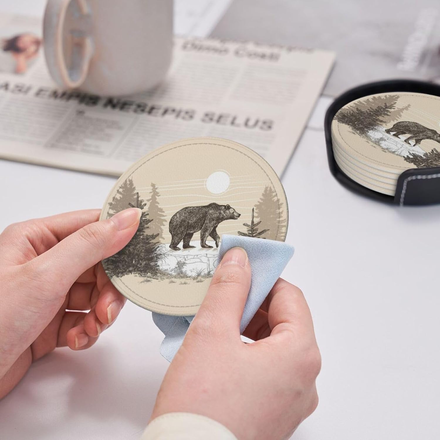 Famame 6 Pcs Vintage Bear in Stone Leather Coasters for Drinks with Holder Coaster Sets Drink Table Cup Coasters for Living Room Kitchen Coffee Decor - Image 7