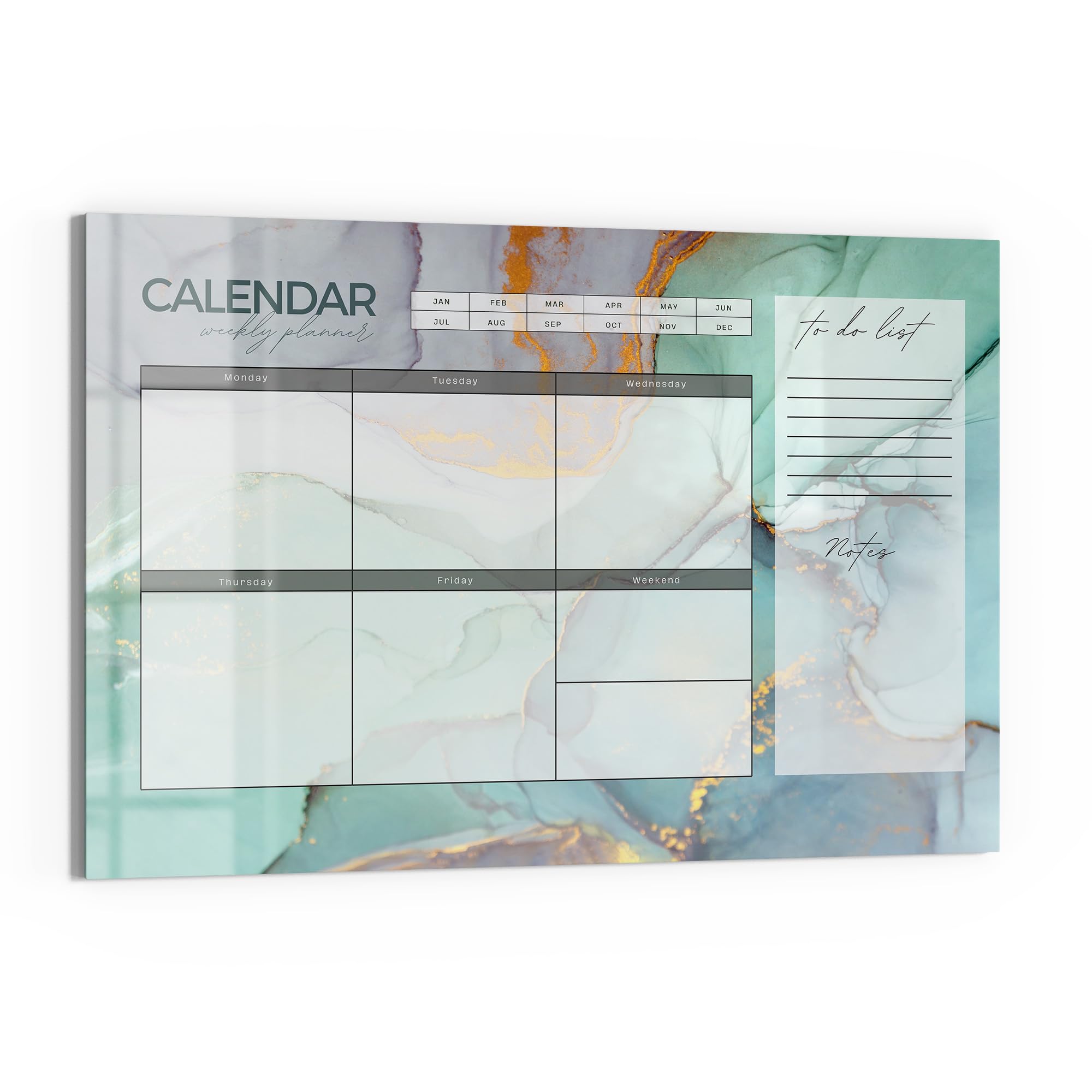 DEQORI Lavagna magnetica in vetro | 90 x 60 cm | motivo "Agenda settimanale menta (EN)" | Lavagna magnetica con magneti, penna e panno per cucina e ufficio, lavagna magnetica e scrivibile
