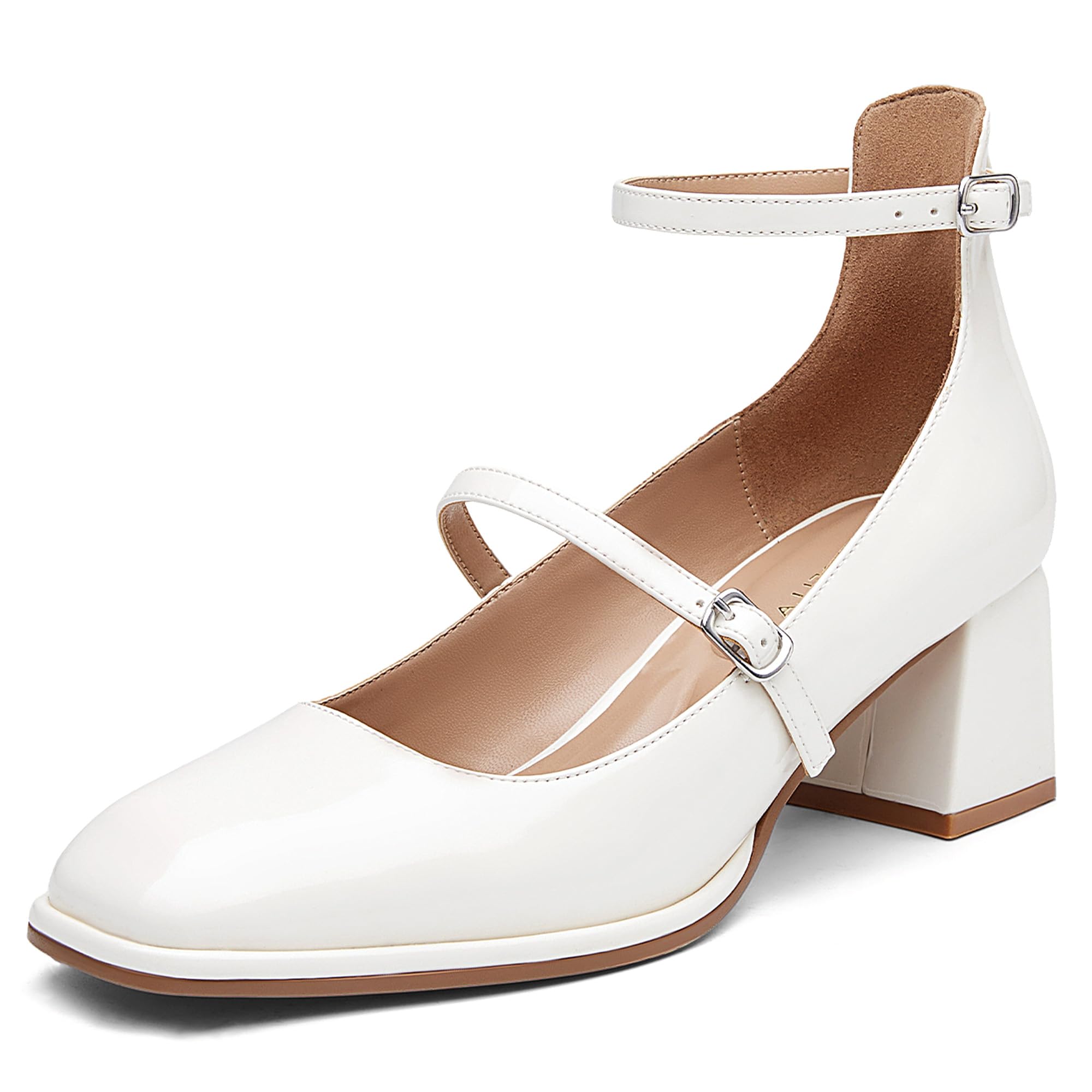 NEWBELLA Women Vintage Patent Chunky Heeled Mary Jane Pumps