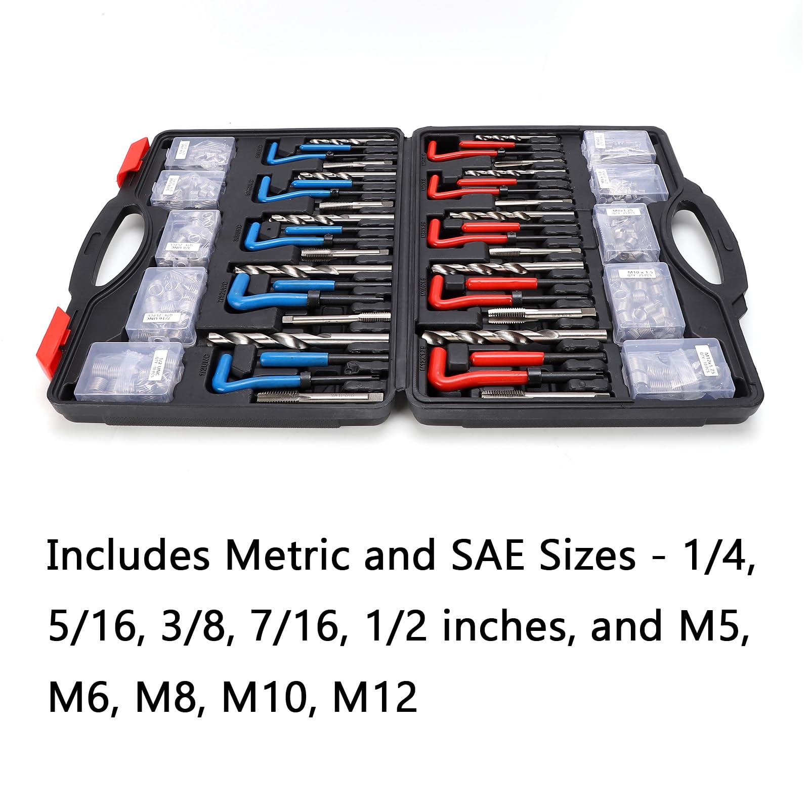 Kit di riparazione filettature, set di riparazione filettature per viti automobilistiche da 261 pezzi con inserti in acciaio, SAE e METODO metrico da M5 a M12, da 1/4 a