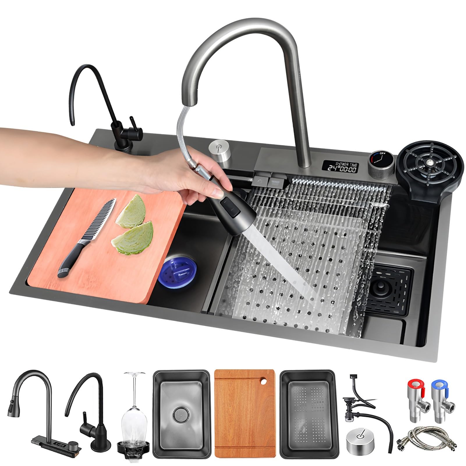 HYSOPSPX Multi-Function Temperature Display Waterfall Sink,Black Large Capacity Single Bowl Kitchen Sink,Topmount,Home Set, Nano Bar(Right,68x45cm)