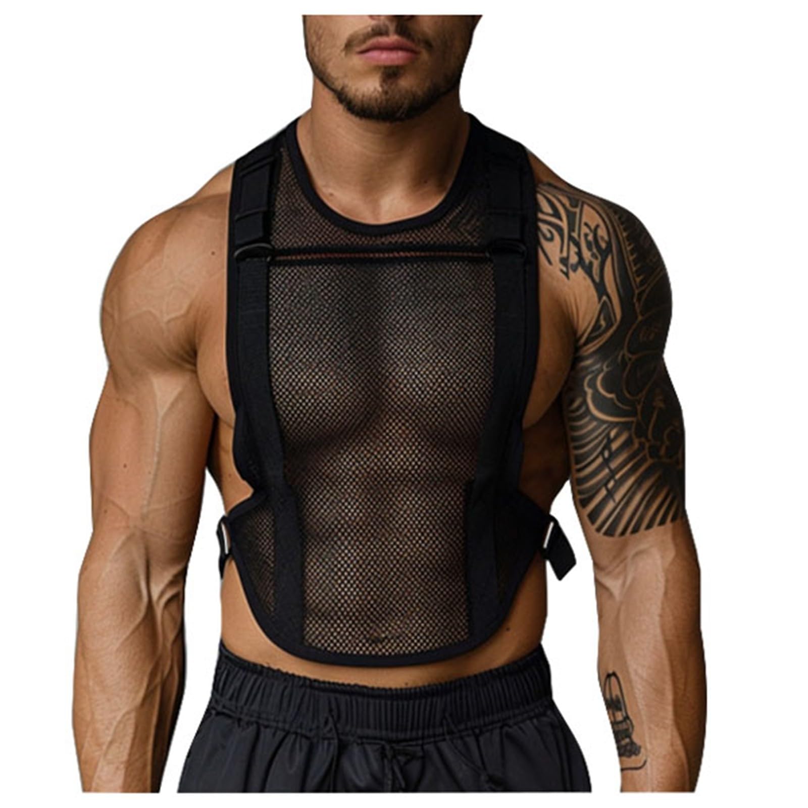 Top da uomo in rete a crop scollo rotondo traspirante senza maniche sexy per sport palestra clubwear