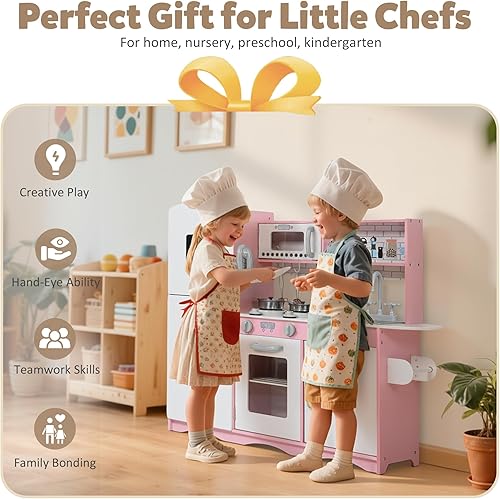 Miniatura 5 de Juego de cocina de madera para niños, modernos juegos de cocina de madera con estufa iluminada, horno, microondas y máquina de hielo, cocina de