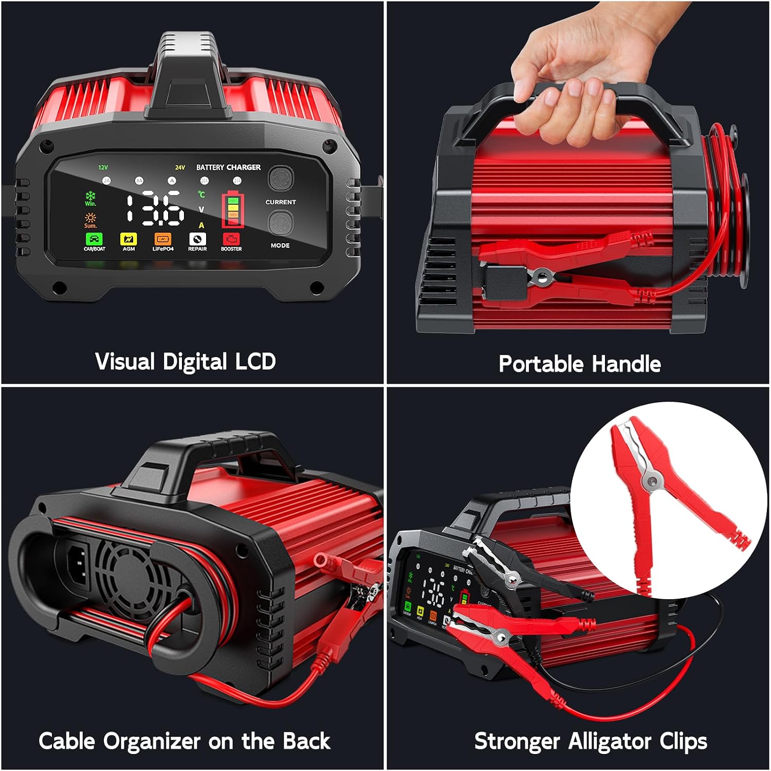 25A Smart Battery Charger and Maintainer, 12V/24V LiFePO4 & Lead Acid Compatible, 9-Stage Full Charge with Temperature Compensation, for Car Truck Motorcycle Lawn Mower Boat Marine RV ATV SUV