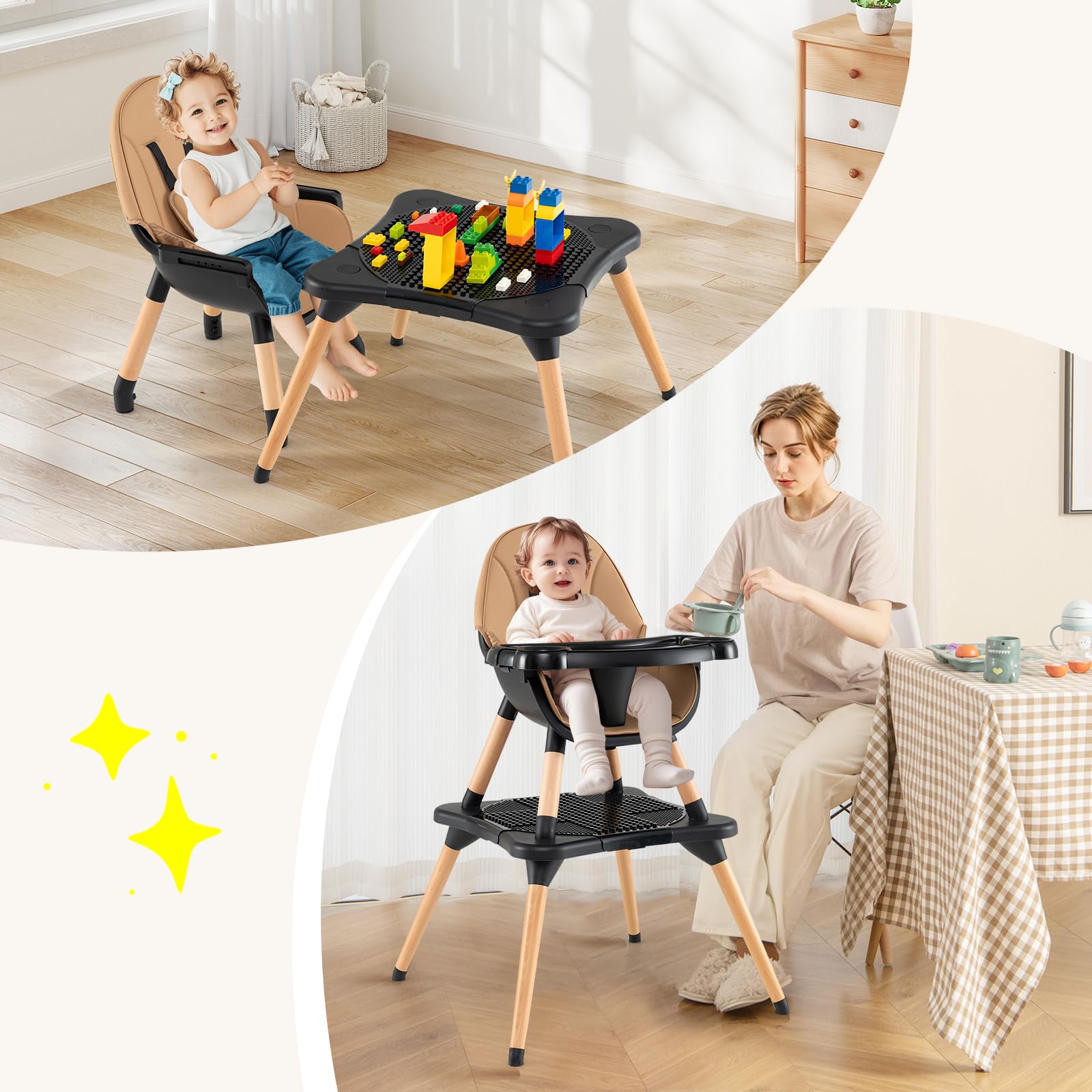 GOPLUS 6 in 1 Hochstuhl Baby, Kinderstuhl mit abnehmbares Bausteintisch, Babyhochstuhl mit verstellbar Doppeltablett, Kombihochstuhl, Essstuhl, Lerntisch, Kinderhochstuhl für 6-36 Monate (Braun)