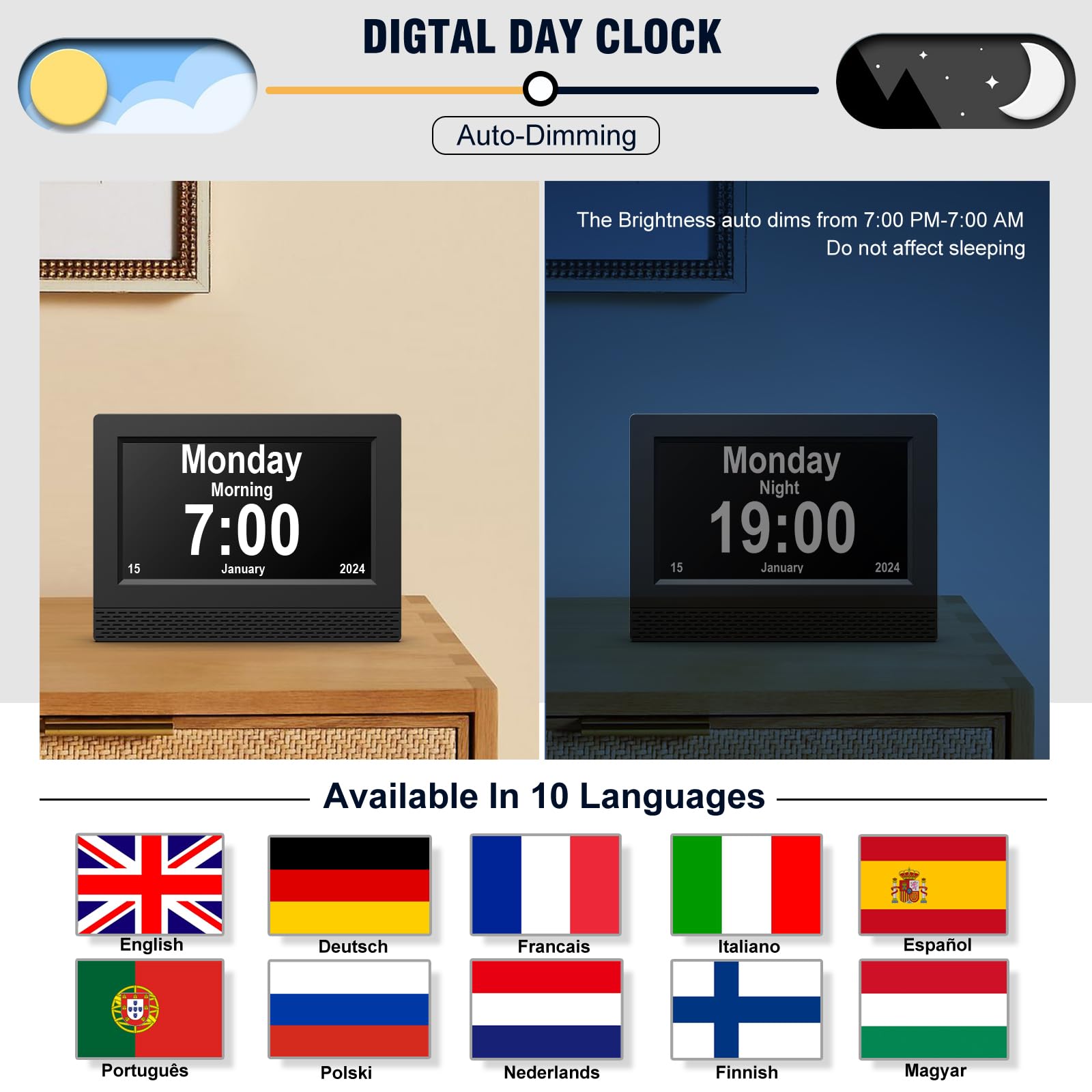 Reloj Digital con Calendario y Alarma, Pantalla HD de 7" de Alta Definición, Modos Múltiples con Ajuste Automático de Brillo, Fecha y Día Completo para Alzheimer, Demencia y Pérdida de Memoria (Negro)
