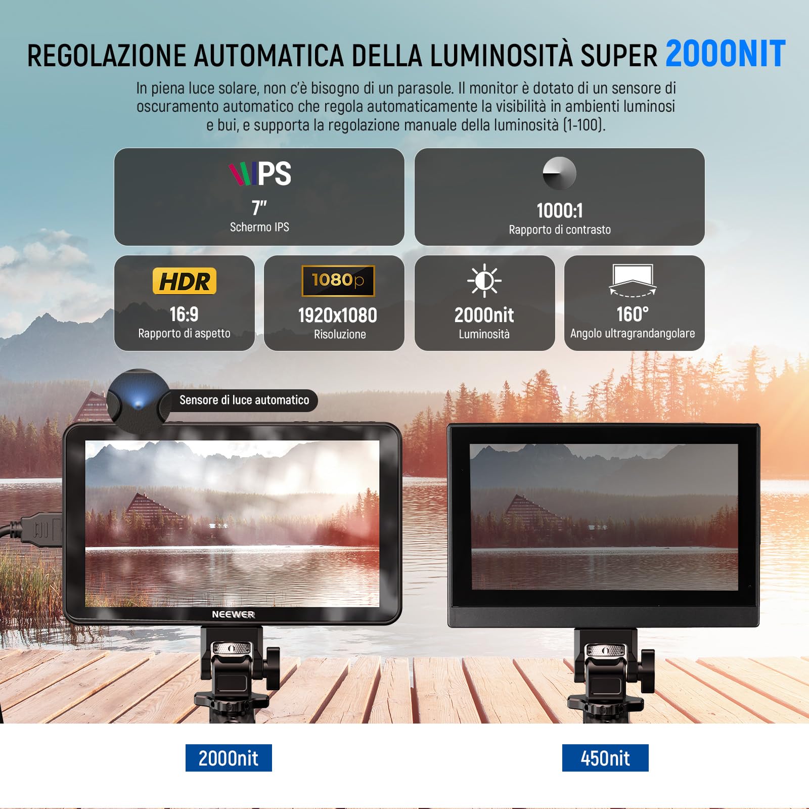 NEEWER F700 Monitor da Campo per Fotocamera 7", 2000nit HD 1920x1080 IPS Touch Screen con 3D LUT, Loop in/Out HDMI 4K con Peak Focus DSLR Video Assist HDR Waveform, Cold Shoe, Batteria Non Inclusa