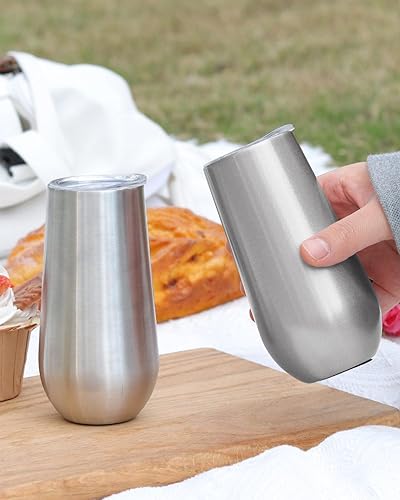 Miniatura 4 de Sivaphe Juego de 2 copas de champán sin tallo con tapa, acero inoxidable aislado al vacío, tazas de cóctel, reutilizables, método de tostado