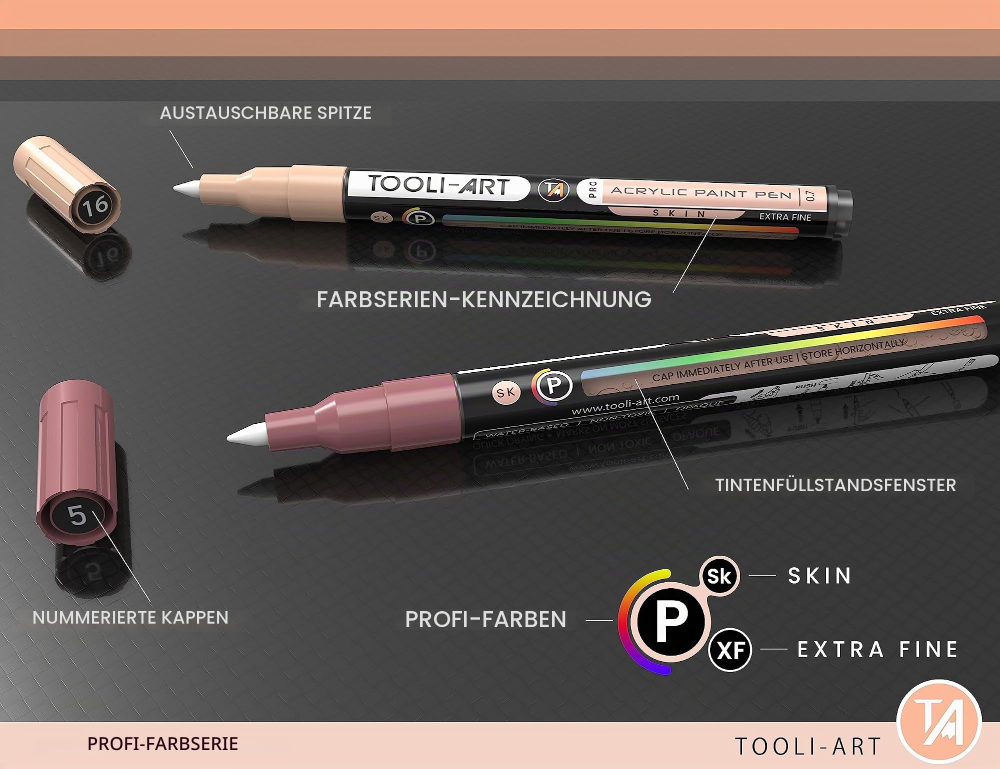 Acryl-Farbstifte, 22 verschiedene Hauttöne, Pro Color Series Marker-Set, 0,7 mm, extra feine Spitze für Steinmalerei, Glas, Holz, Metall, Leinwand. Ungiftig, auf Wasserbasis, schnell trocknend