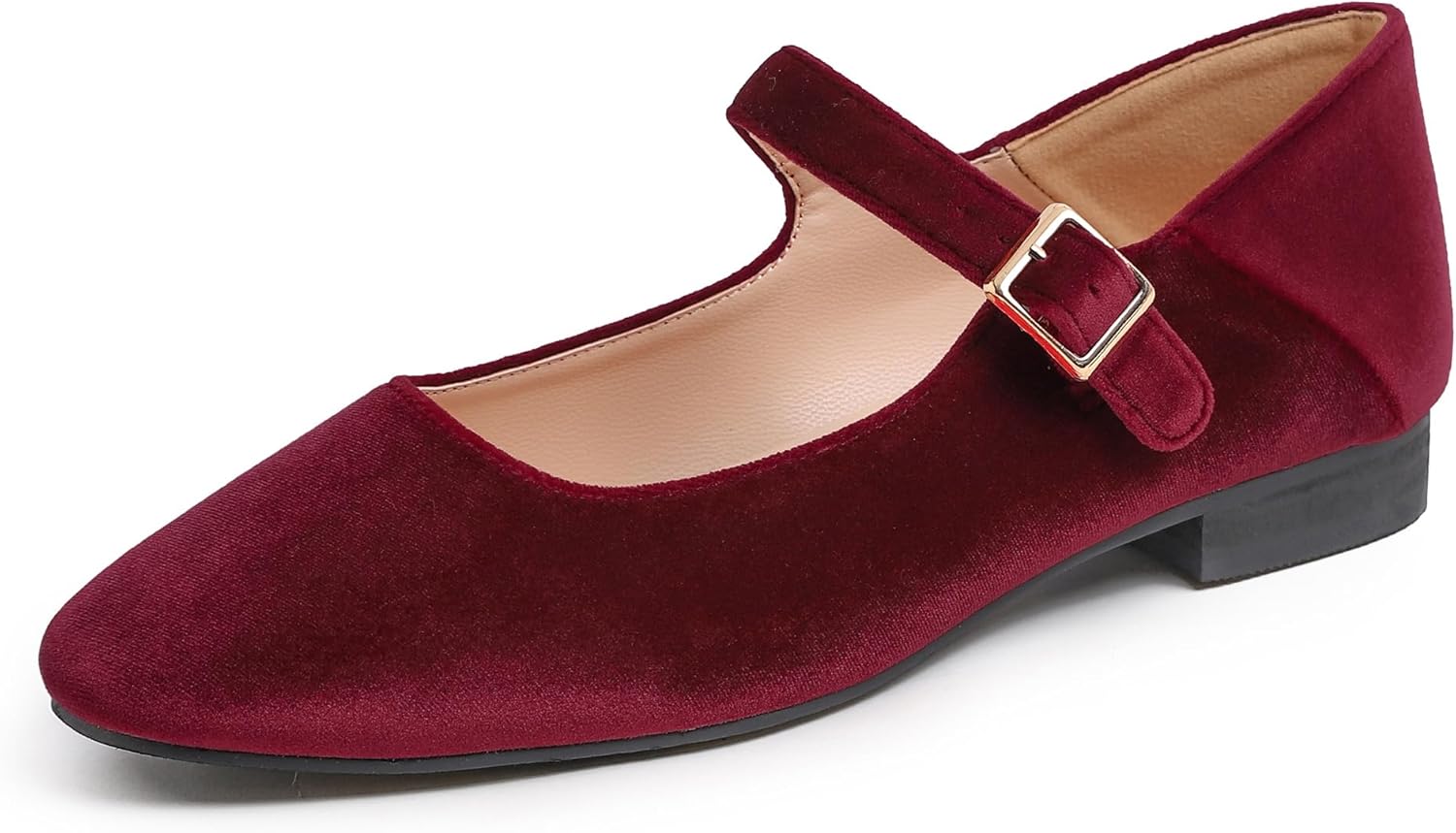 Sq Maryjane Burgundy Red Velvet Stack Heel