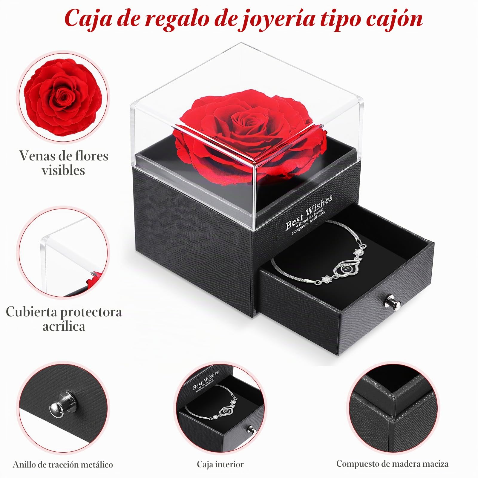 ALLOMN Rosas regalos para mujeres, mamá, novia, rosa real eterna conservada, rosas infinitas, caja de regalo con I Love You pulsera para el día de la madre, cumpleaños, día de San Valentín