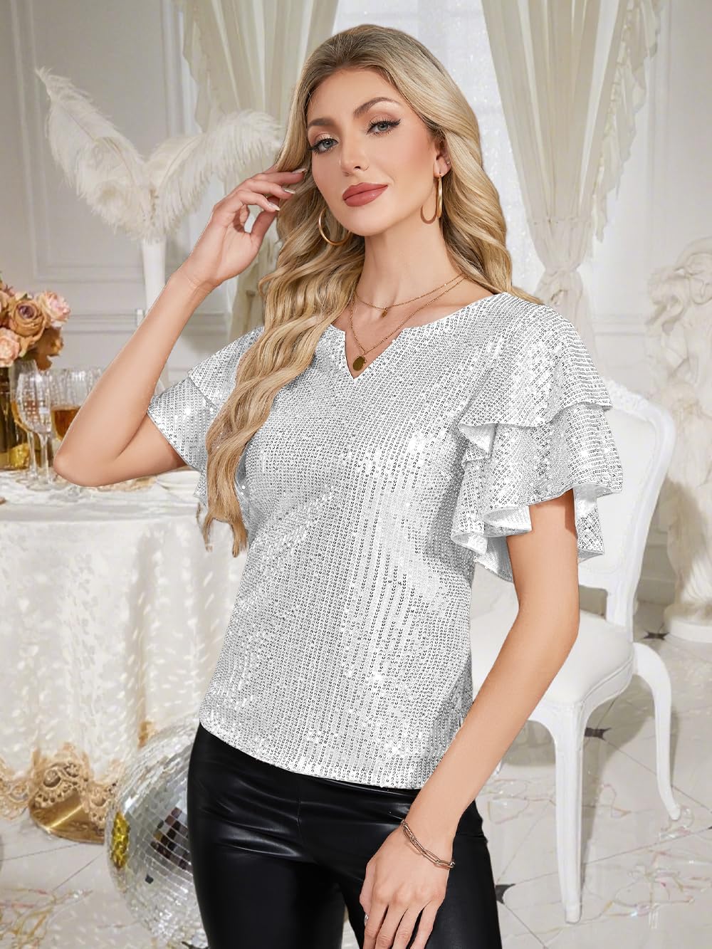 Women Sparkle Sequin Tops Glitter V Neck Blouse Tiered Ruffles Sleeve Cocktail Soiree Evening Party Disco Club Shirt - Image 5